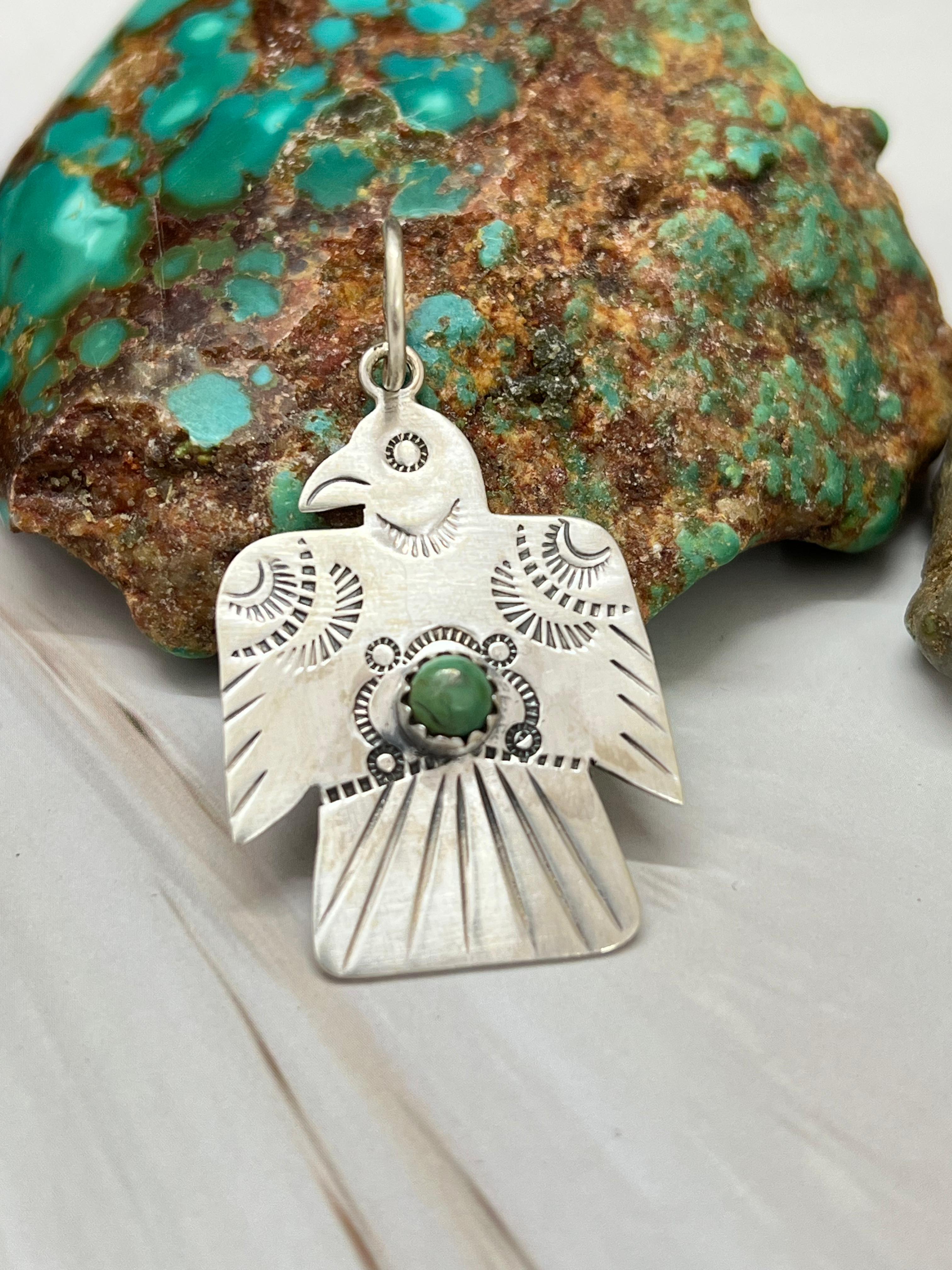 Handmade Sterling Silver Thunder Bird Kingman Turquoise Charms with Signed Nizhoni