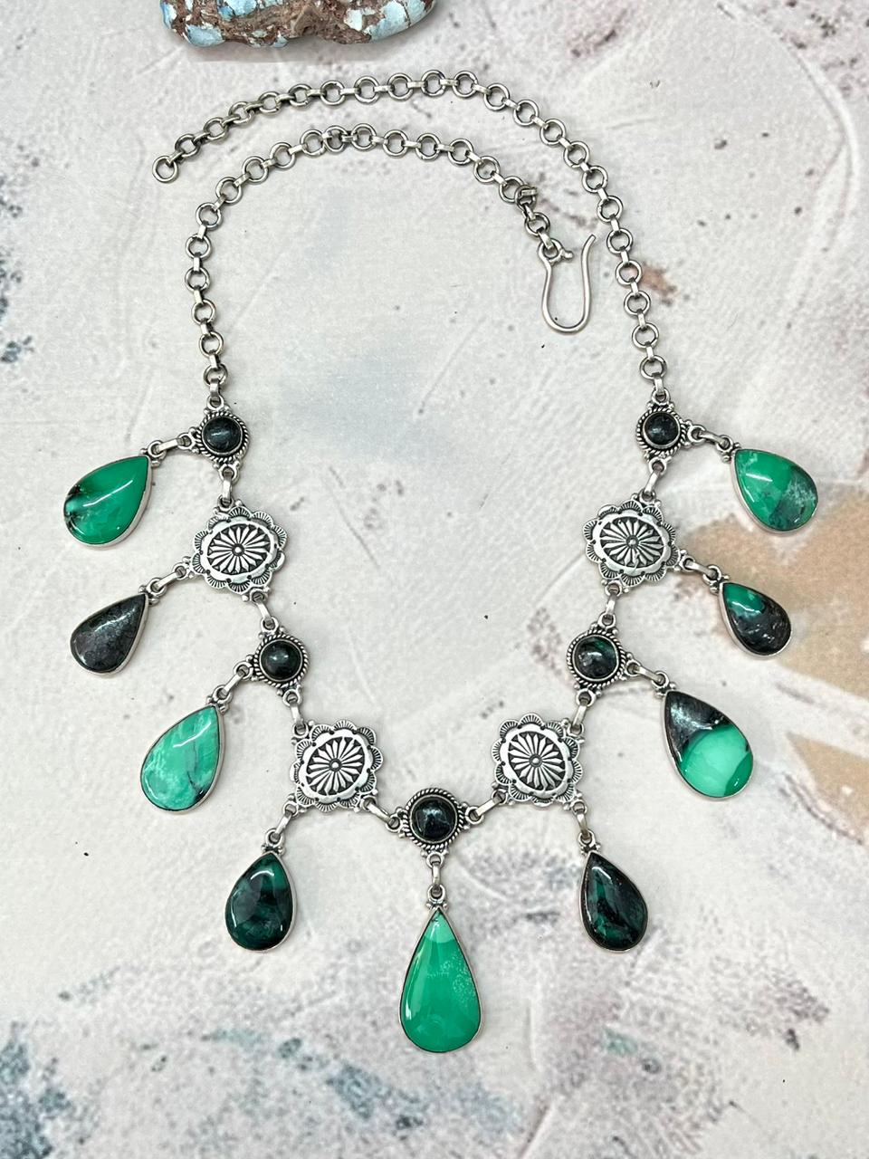 Handmade Sterling Silver Emerald Rose Necklace "Signed Nizhoni"