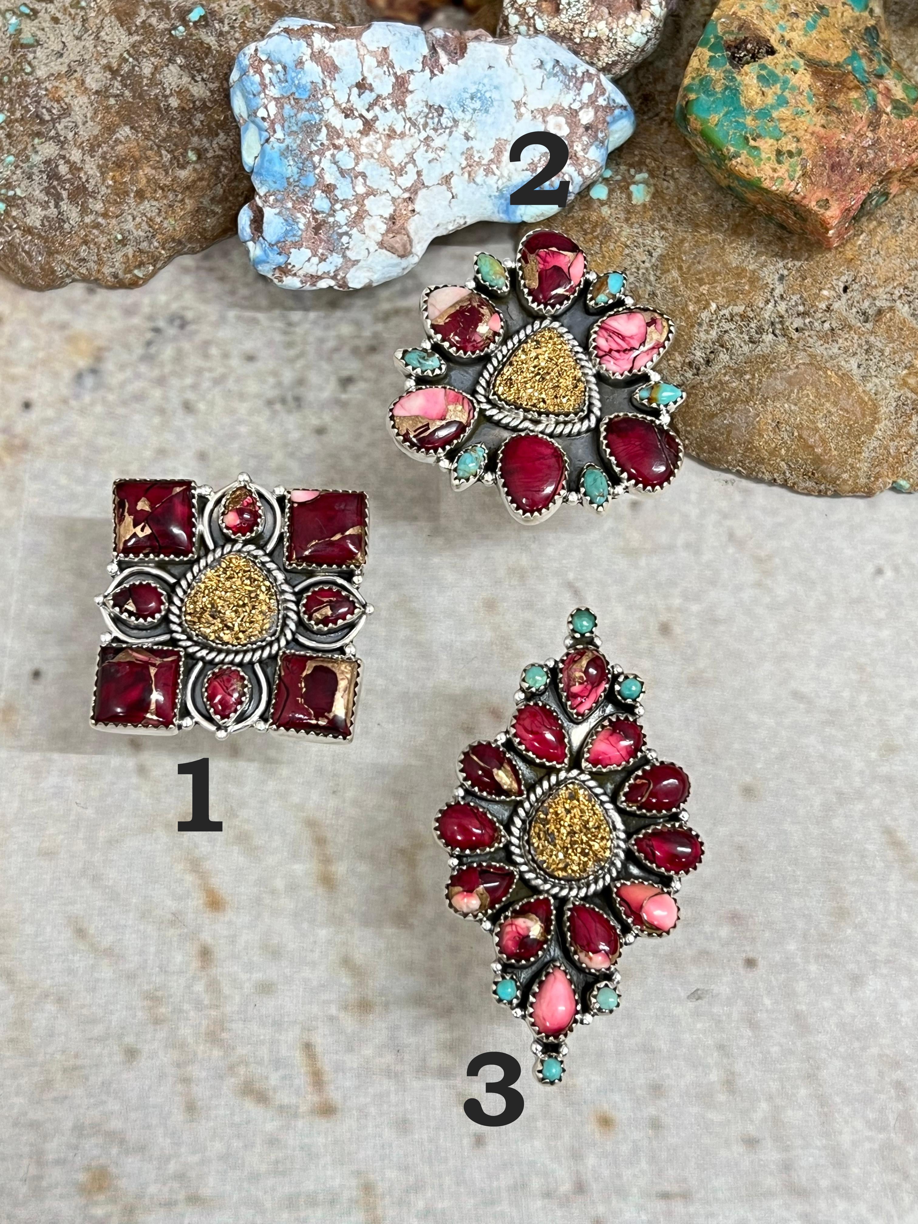 Handmade Sterling Silver Dahlia Rose with Druzy & Kingman Adjustable Ring, Signed Nizhoni