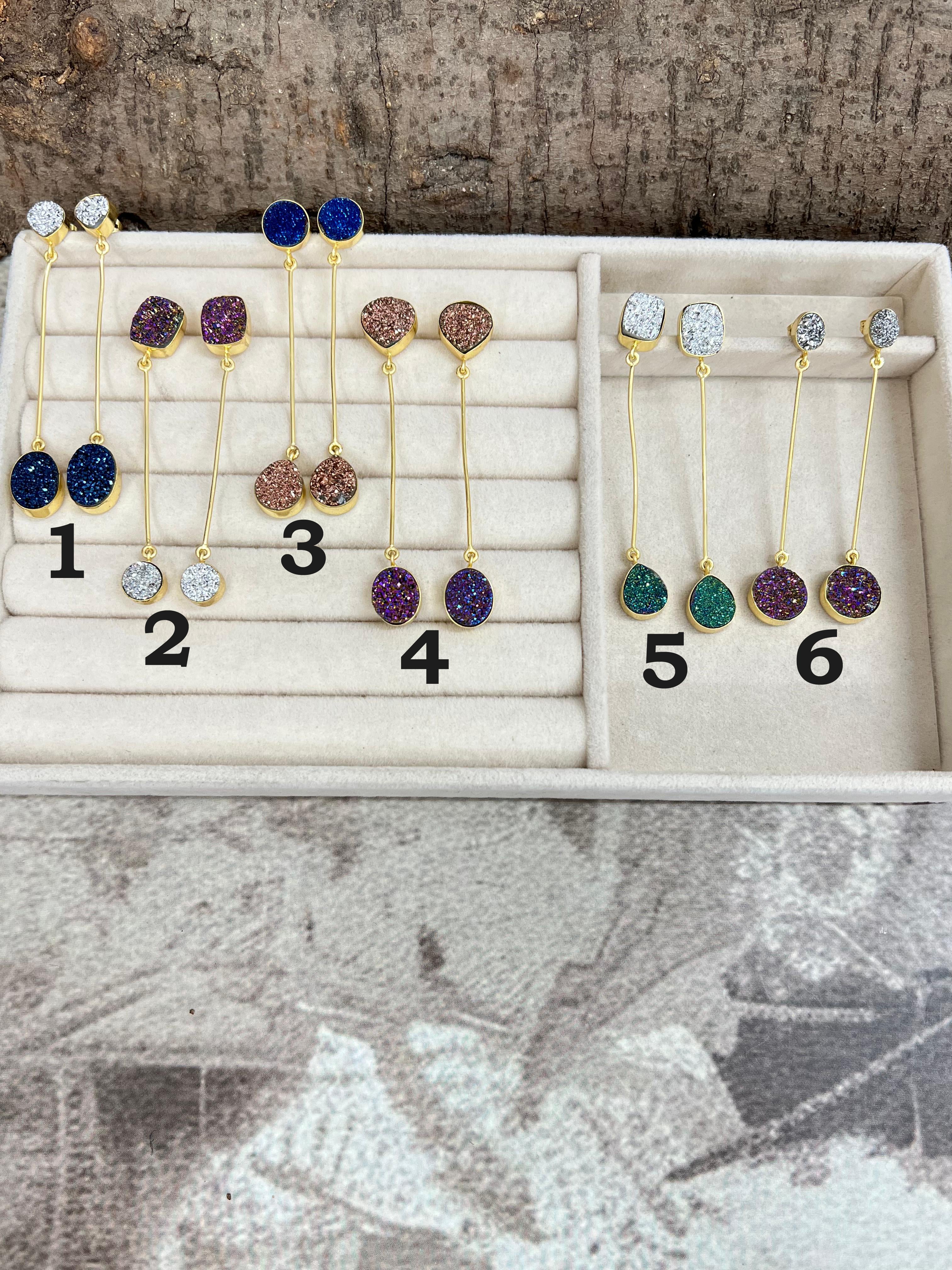 “The Boho Collection” Handmade Natural 2 Druzy Stone Post Dangle Earrings
