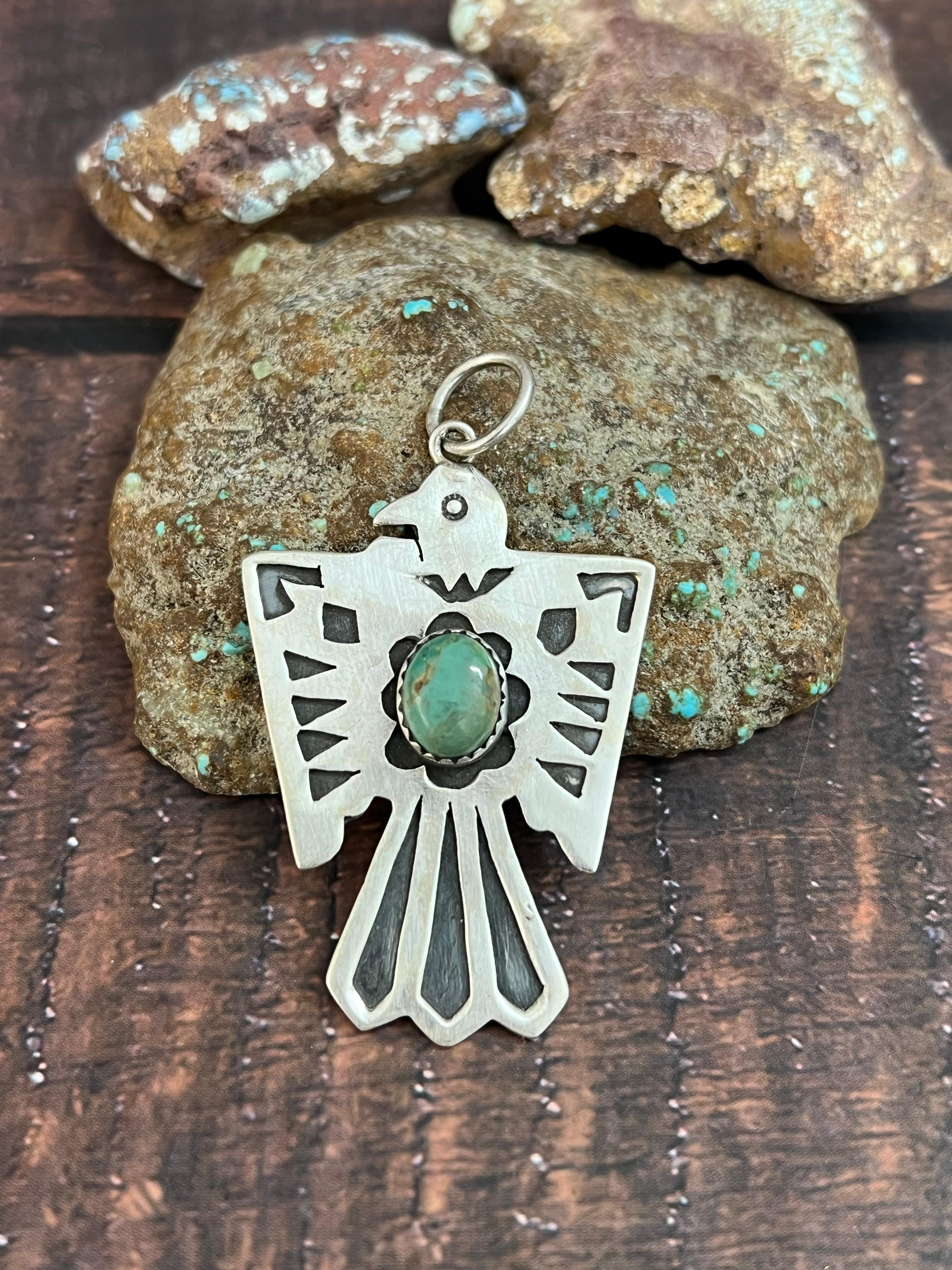 Handmade Sterling Silver Kingman Turquoise Thunder Bird Pendant with Signed Nizhoni