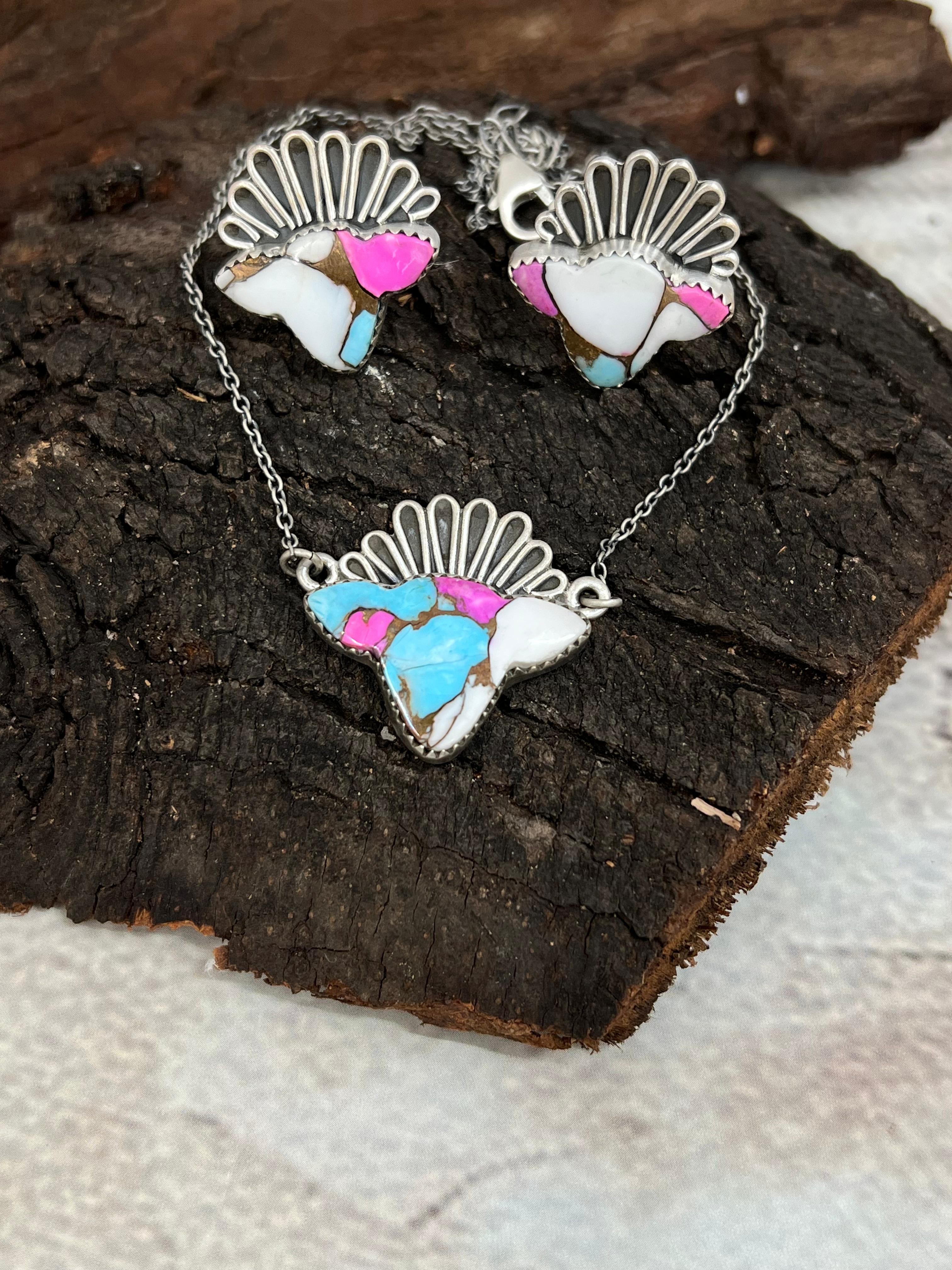 Handmade Sterling Silver Cotton Candy Turquoise Bull Necklace Earrings Set, Signed Nizhoni