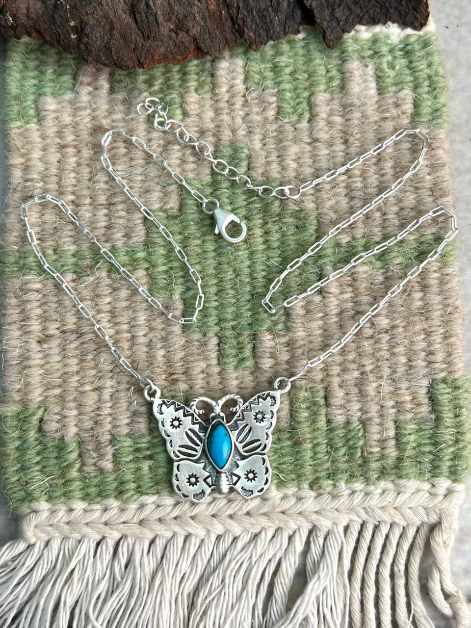 Handmade Sterling Silver Kingman Turquoise Butterfly Necklace "Signed Nizhoni"