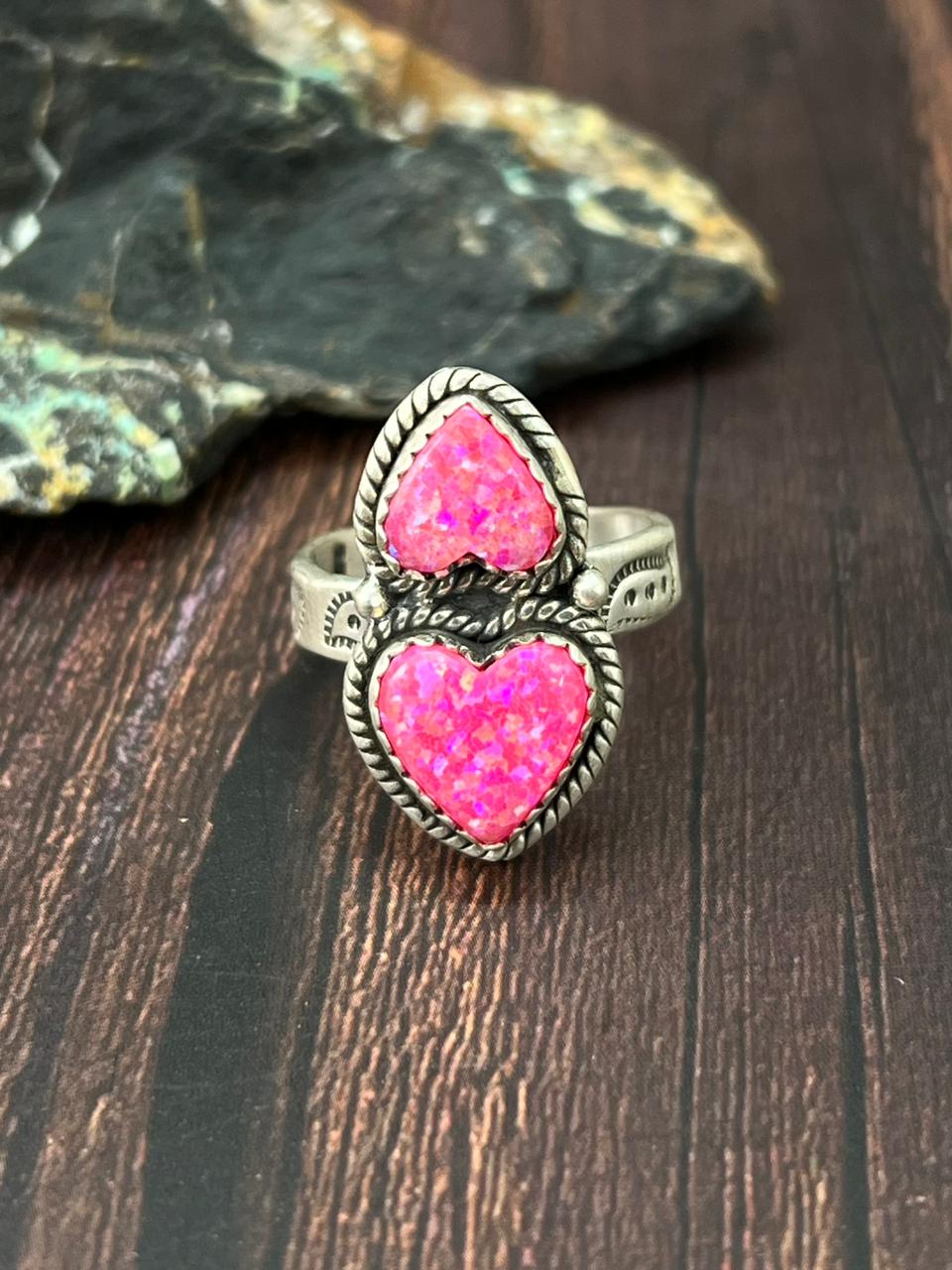 Handmade Sterling Silver Hot Pink Heart Shape Adjustable Ring "Singed Nizhoni"