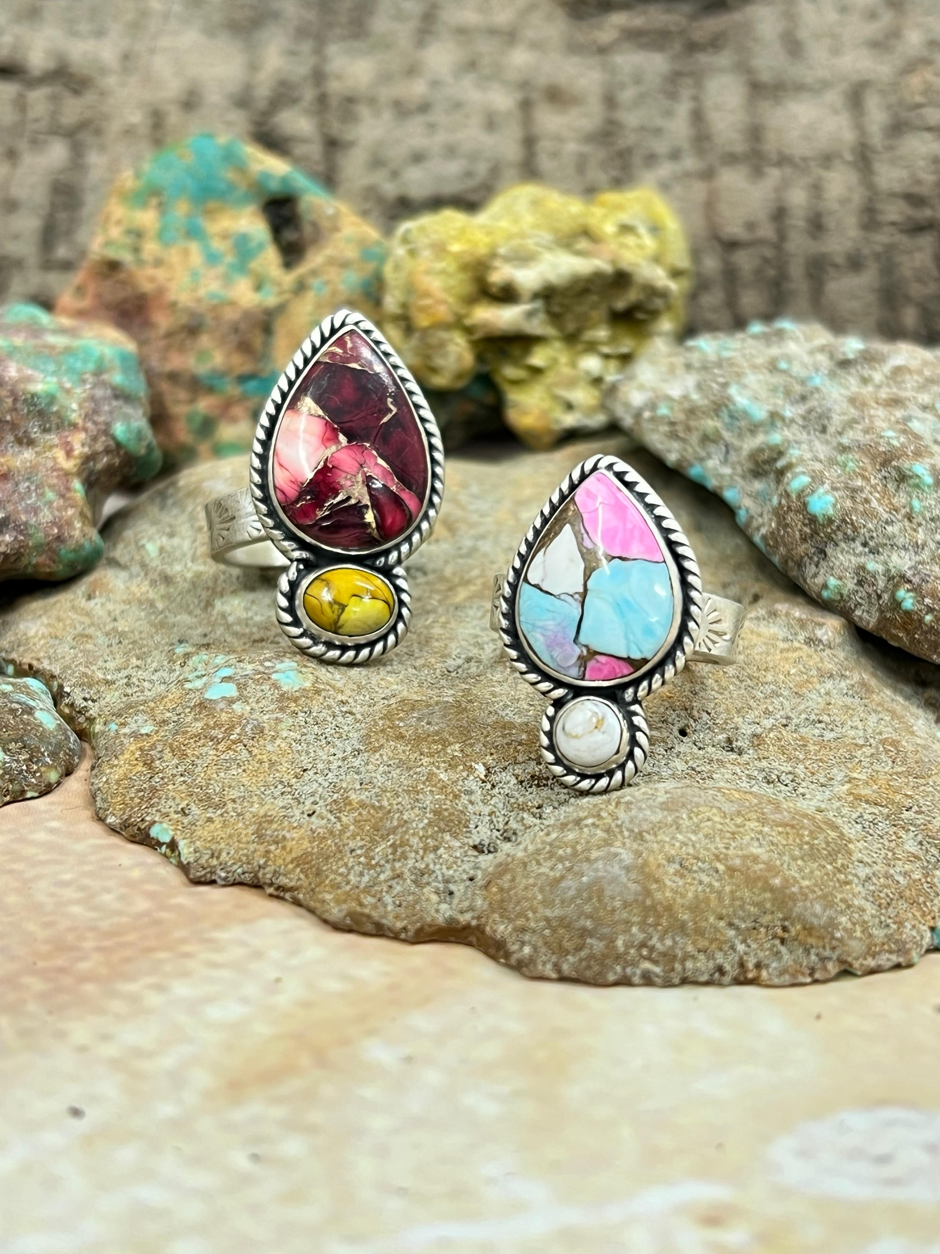 Handmade Sterling Silver Dahlia Rose with Honey Dahlia, Cotton Candy with White Buffalo Turquoise Adjustable Ring, Signed Nizhoni