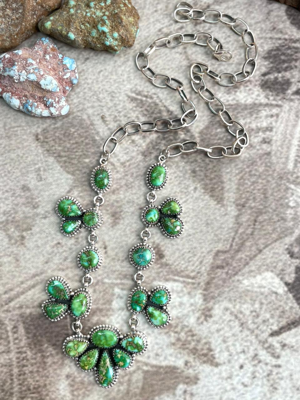 Handmade Sterling Silver Sonoran Mountain Turquoise Necklace with Signed Nizhoni
