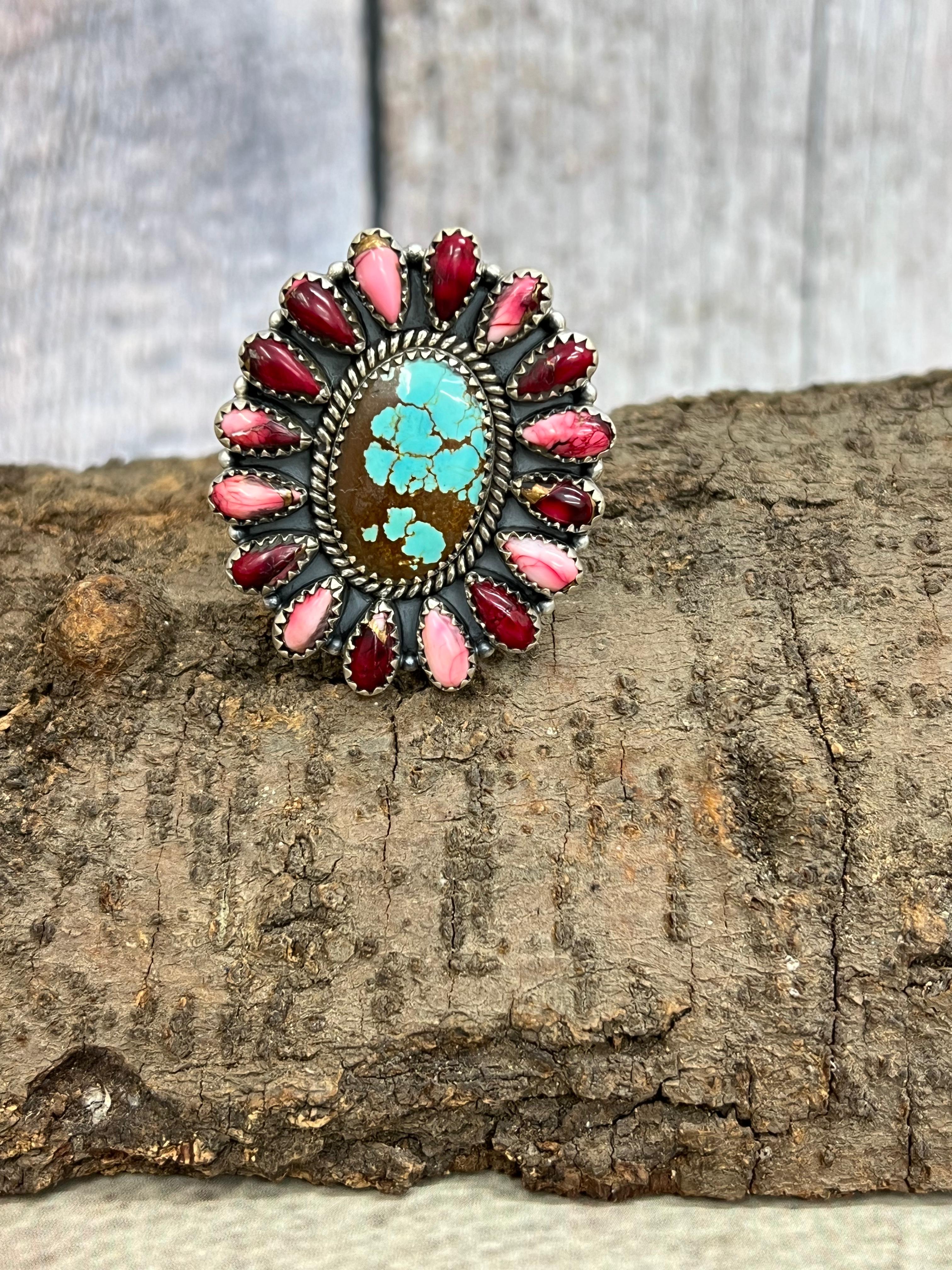 Handmade Sterling Silver Number 8 with Dahlia Rose Adjustable Ring with Signed Nizhoni