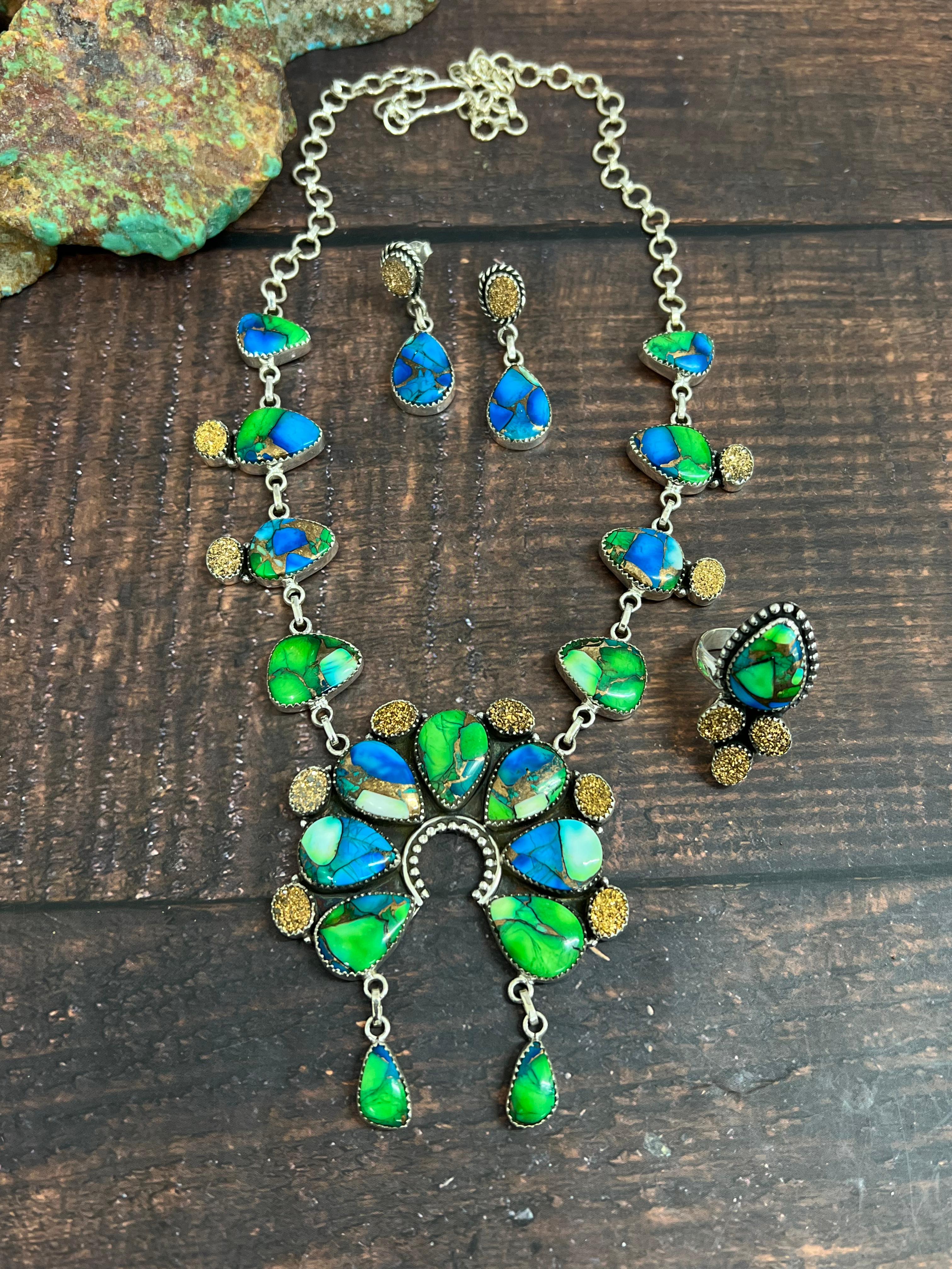 Handmade Sterling Silver Peacock Dahlia with Druzy Necklace, Ring & Earrings Set, Signed Nizhoni