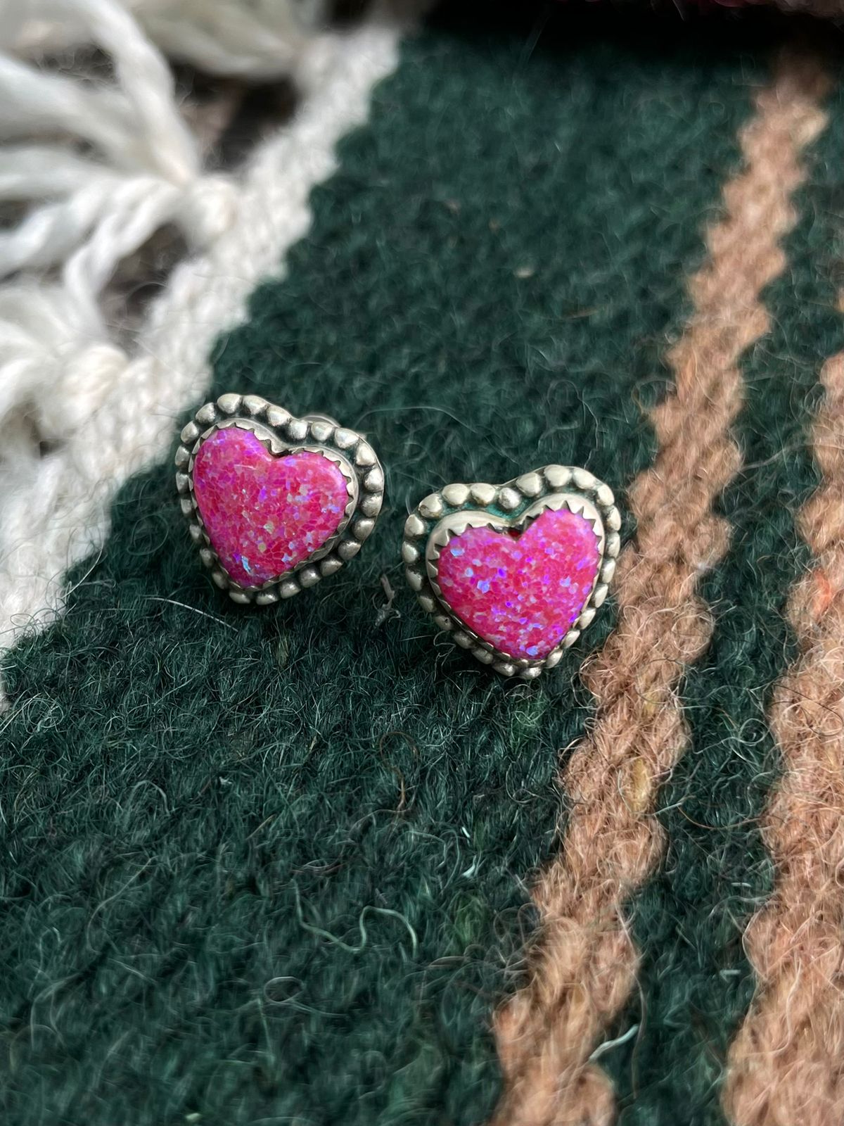 Handmade Sterling Silver Hot Pink Heart Shape Post Studs Earrings "Signed Nizhoni"