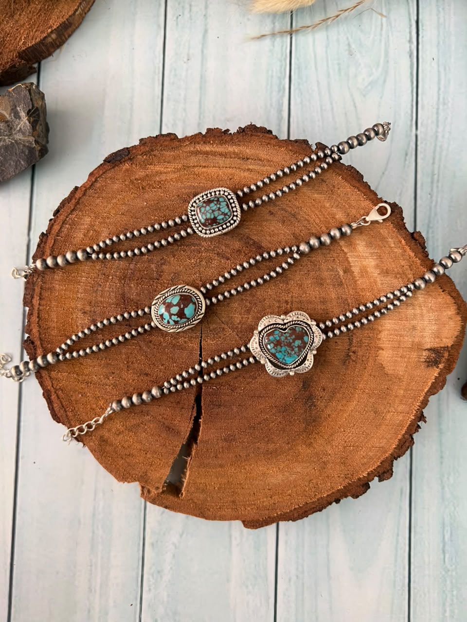 Handmade Sterling Silver Egyptian Turquoise Collection: Beaded Chain Bracelet Signed Nizhoni