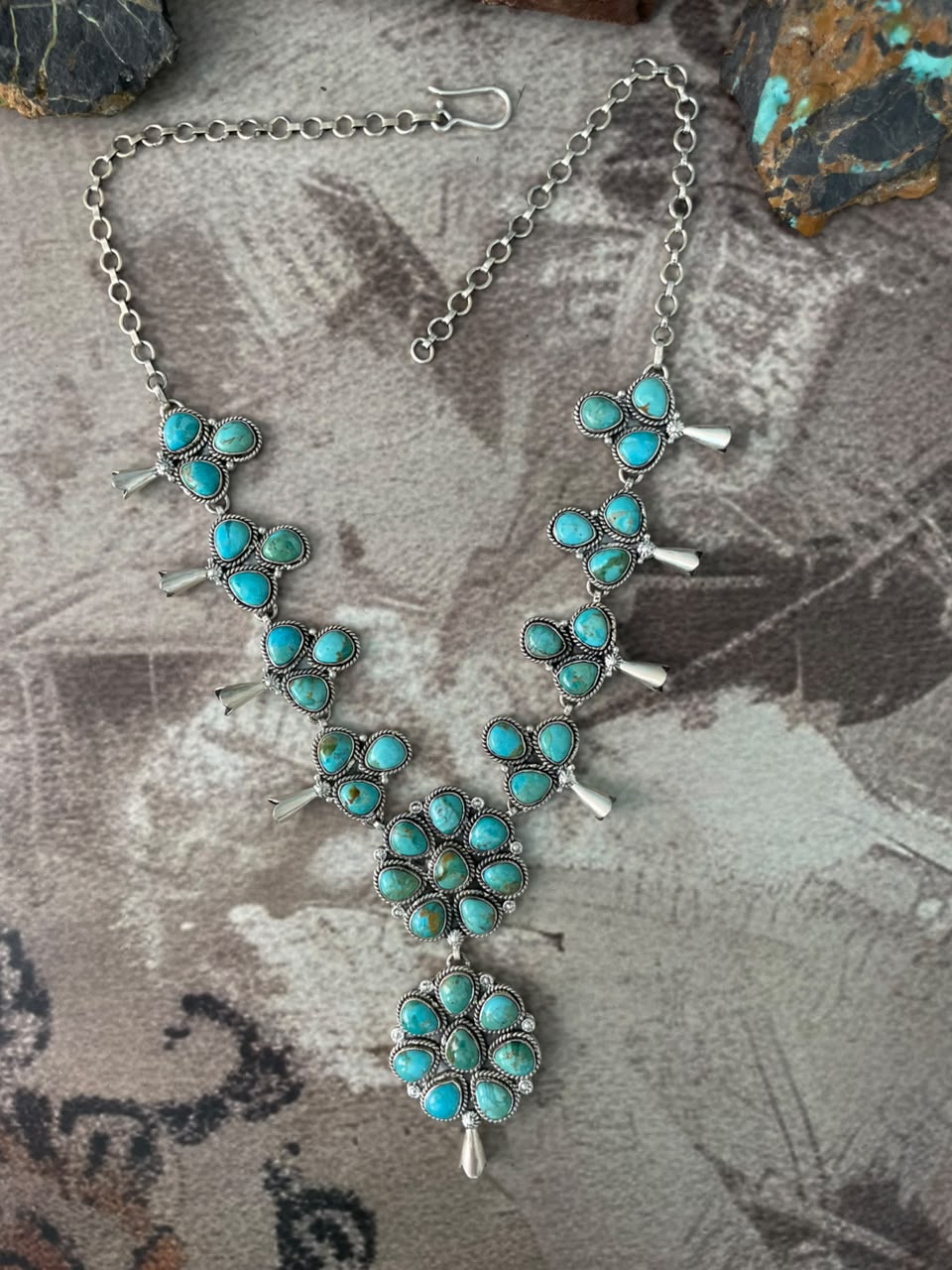 Handmade Sterling Silver Kingman Turquoise Squash Blossom Necklace Signed Nizhoni