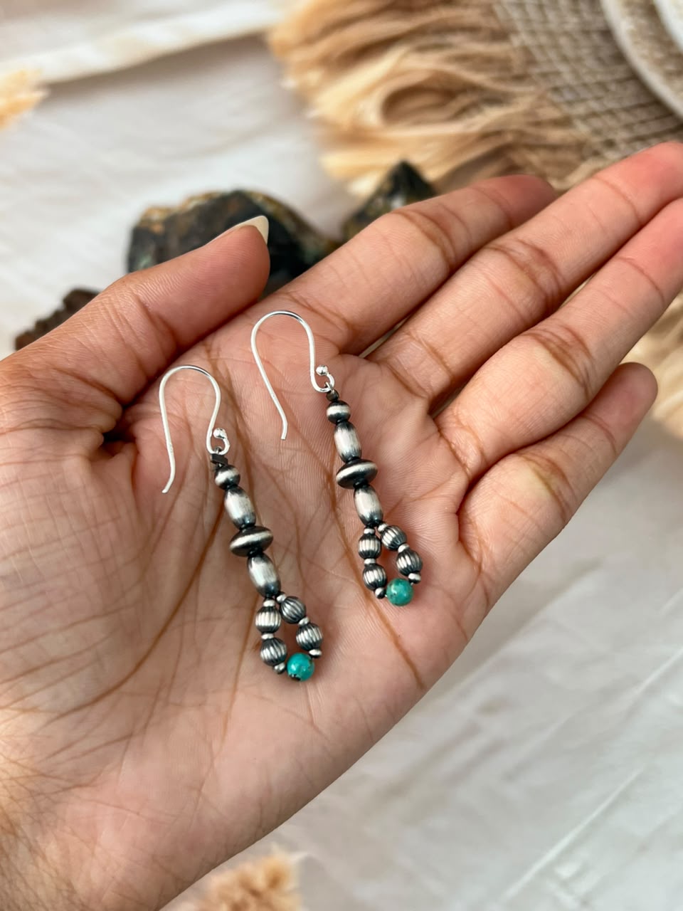 Handmade Sterling Silver Kingman Turquoise Hook Dangle Beaded Earrings