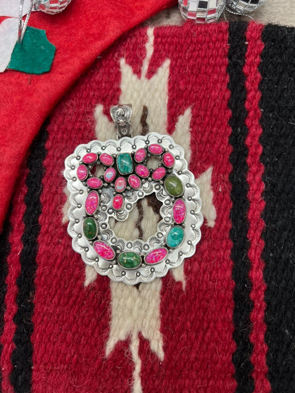 "Christmas Collection" Handmade Sterling Silver Hot Pink with Sonoran Mountain Turquoise Pendant "Signed Nizhoni"