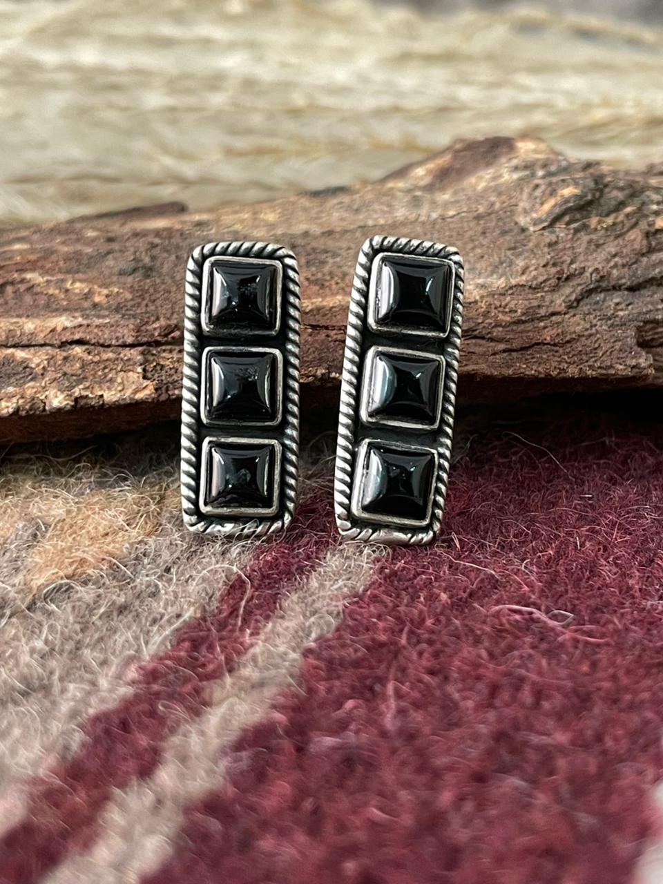 Handmade Sterling Silver Black Onyx Post Studs Earrings "Signed Nizhoni"