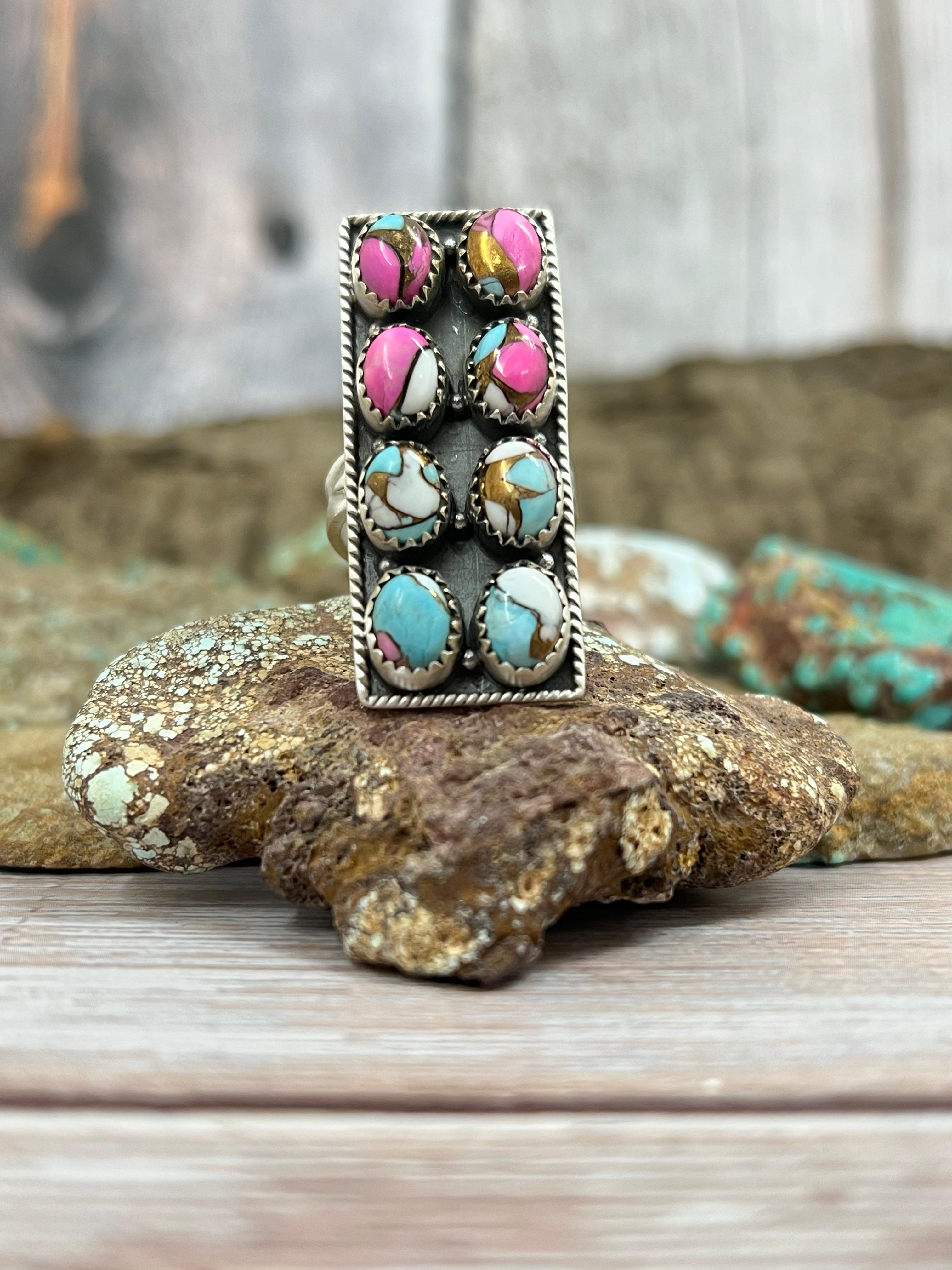 Handmade Sterling Silver Cotton Candy Turquoise Adjustable Ring with Signed Nizhoni (9)