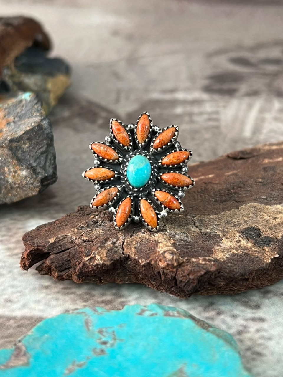 Handmade Sterling Silver Kingman Turquoise with Orange Mojave Adjustable Ring Signed Nizhoni