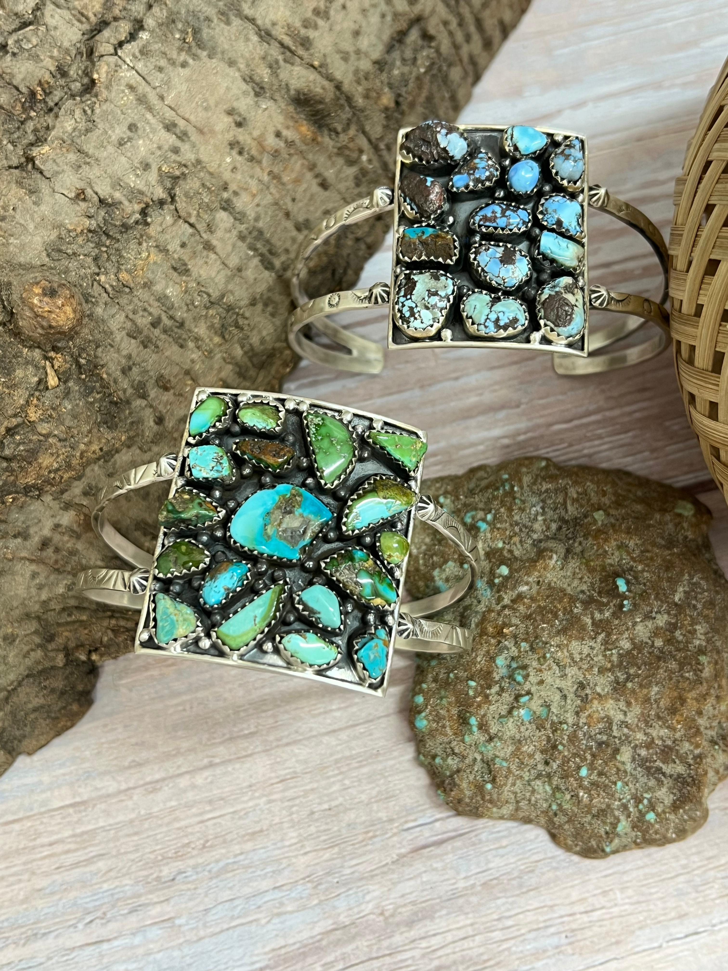 Handmade Sterling Silver Golden Hill, Sonoran Mountain Turquoise Rectangle Bracelet with Signed Nizhoni /
