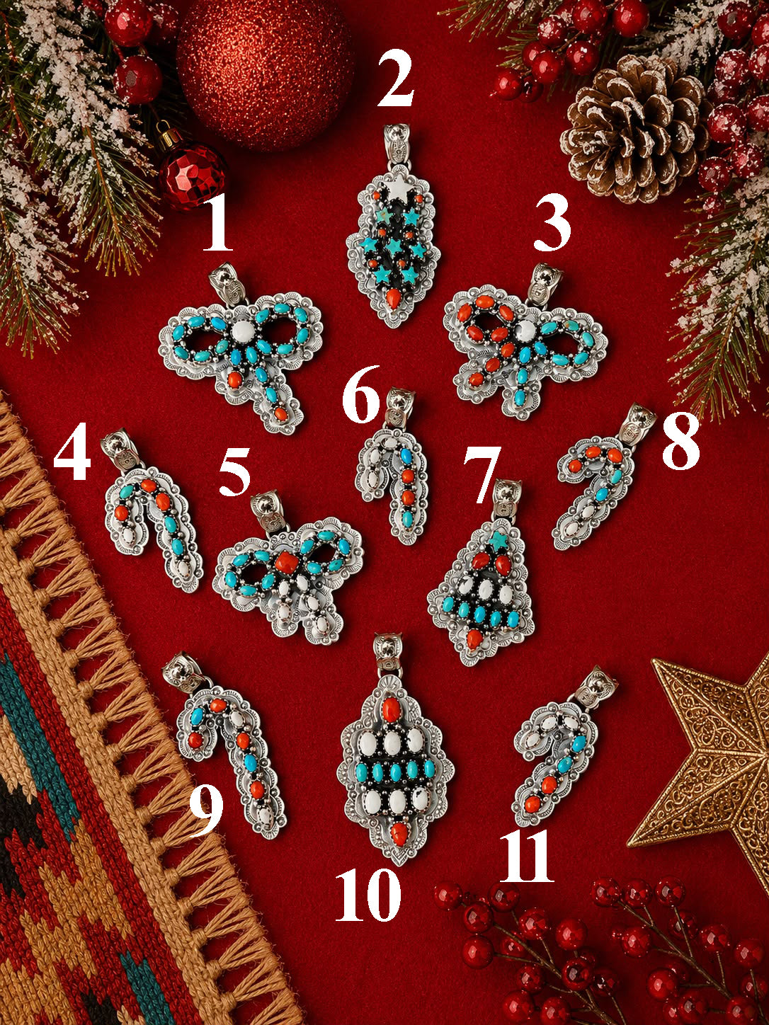 Handmade Sterling Silver Kingman Turquoise with Coral and White Buffalo Christmas Ornaments Collection: Pendant Signed Nizhoni (5)