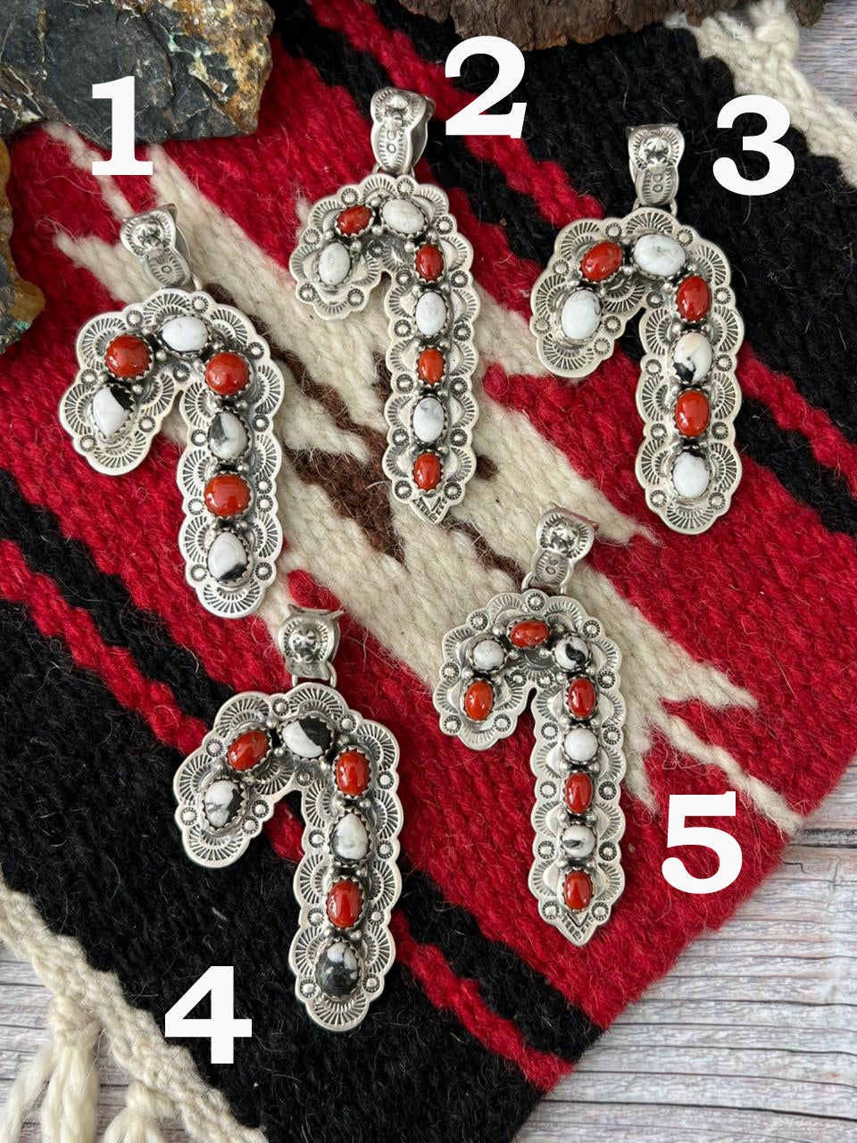 "Christmas Collection" Handmade Sterling Silver White Buffalo with Coral Pendant "Signed Nizhoni"