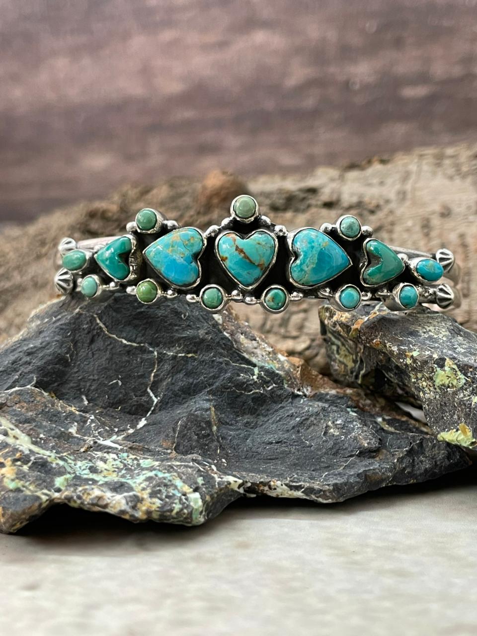 "Heart Collection" Handmade Sterling Silver Kingman Turquoise Bracelet "Signed Nizhoni"