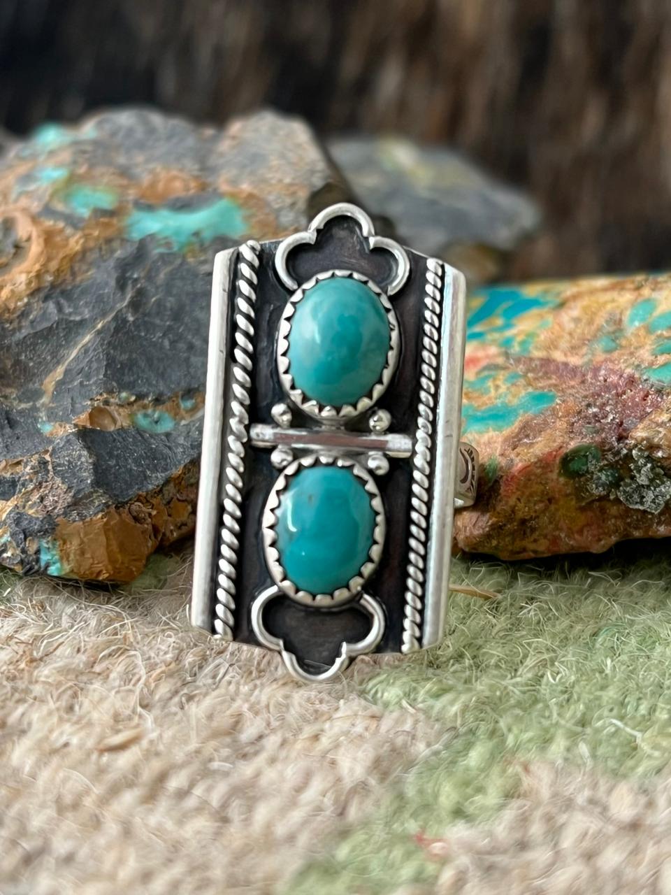 Handmade Sterling Silver Tibetan Turquoise Adjustable Ring "Signed Nizhoni"