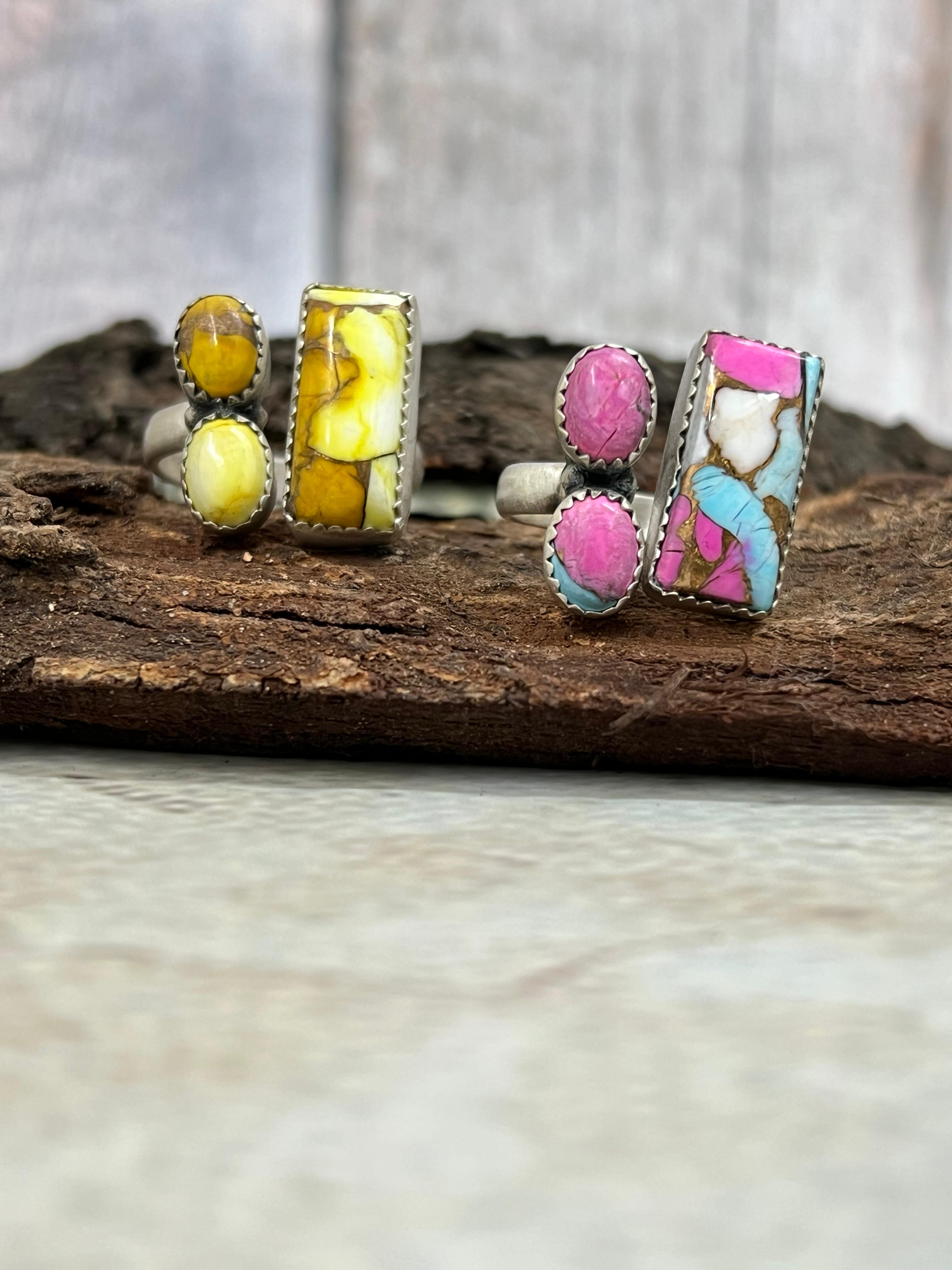 Handmade Sterling Silver Honey Dahlia, Cotton Candy Turquoise Adjustable Ring with Signed Nizhoni (2)