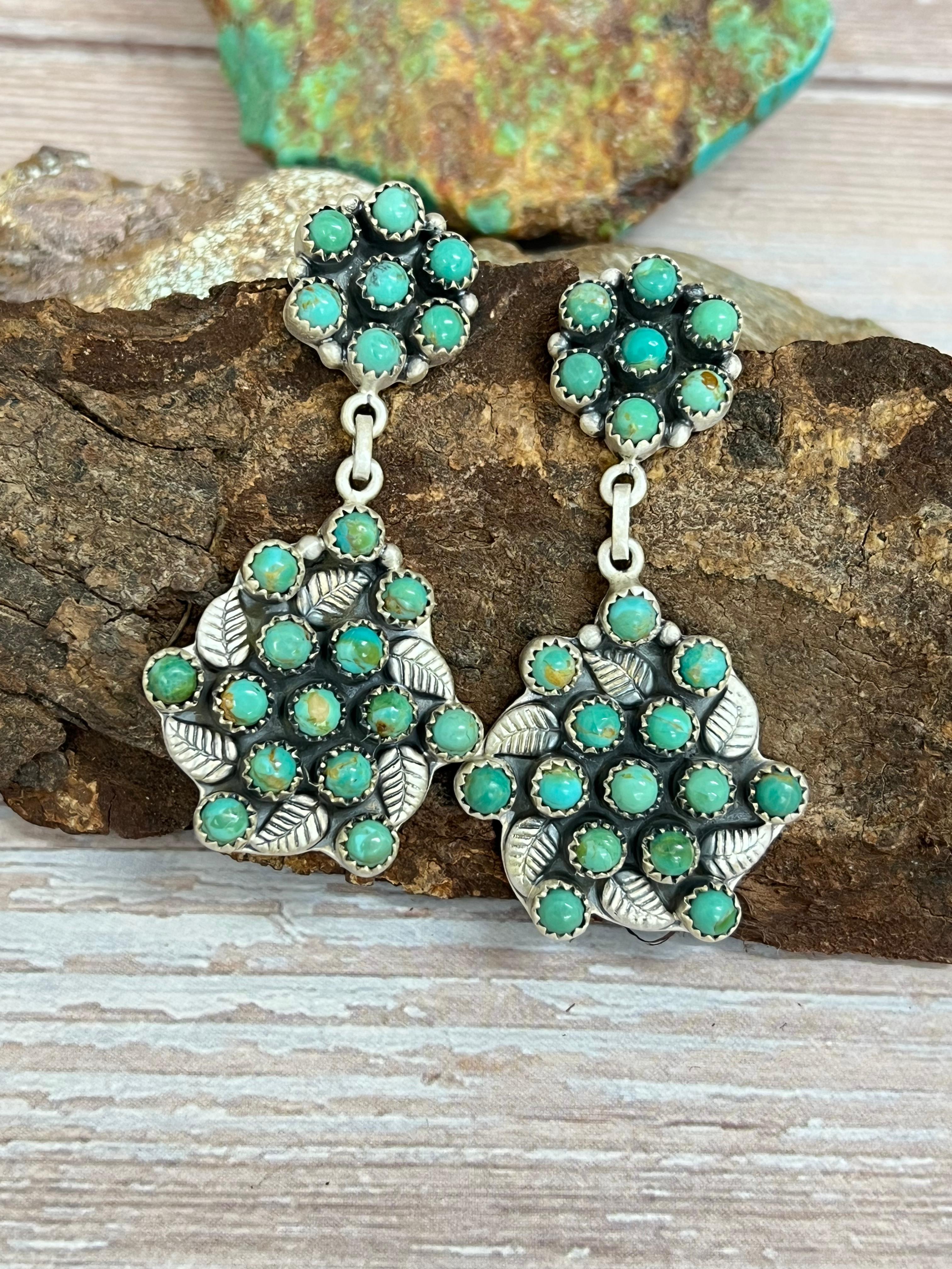 Handmade Sterling Silver Kingman Turquoise Post Dangle Earrings with Signed Nizhoni