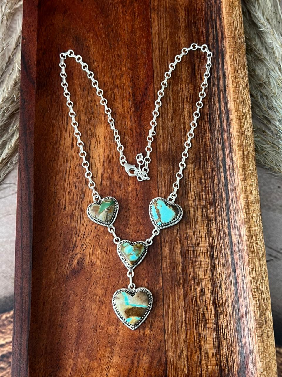 Handmade Sterling Silver Royston Ribbon Turquoise Heart Necklace "Signed Nizhoni"