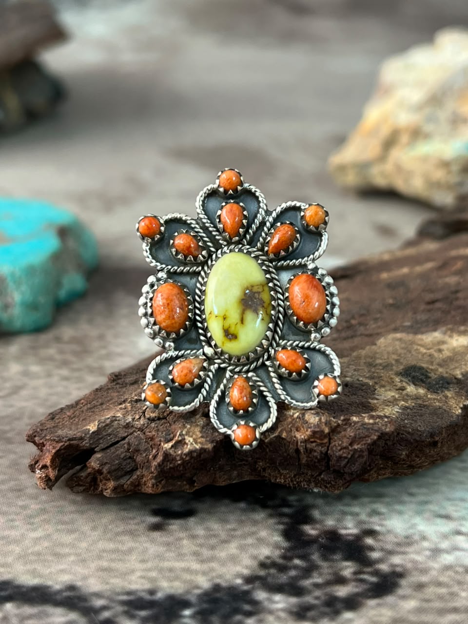 Handmade Sterling Silver Orange Mojave with Palomino Turquoise Adjustable Ring Signed Nizhoni
