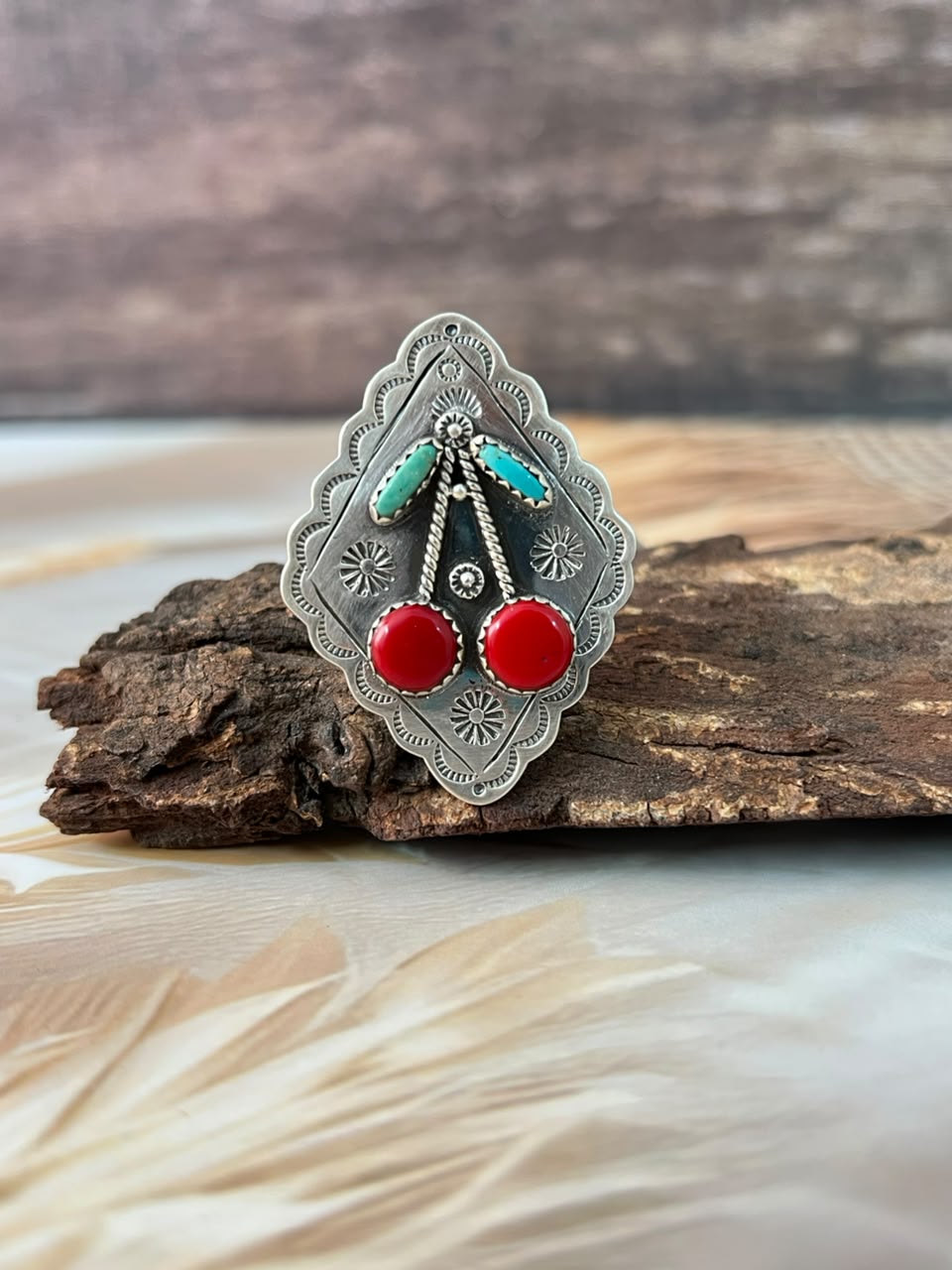 Handmade Sterling Silver Kingman Turquoise with Rosarita Adjustable Cherry Ring Signed Nizhoni