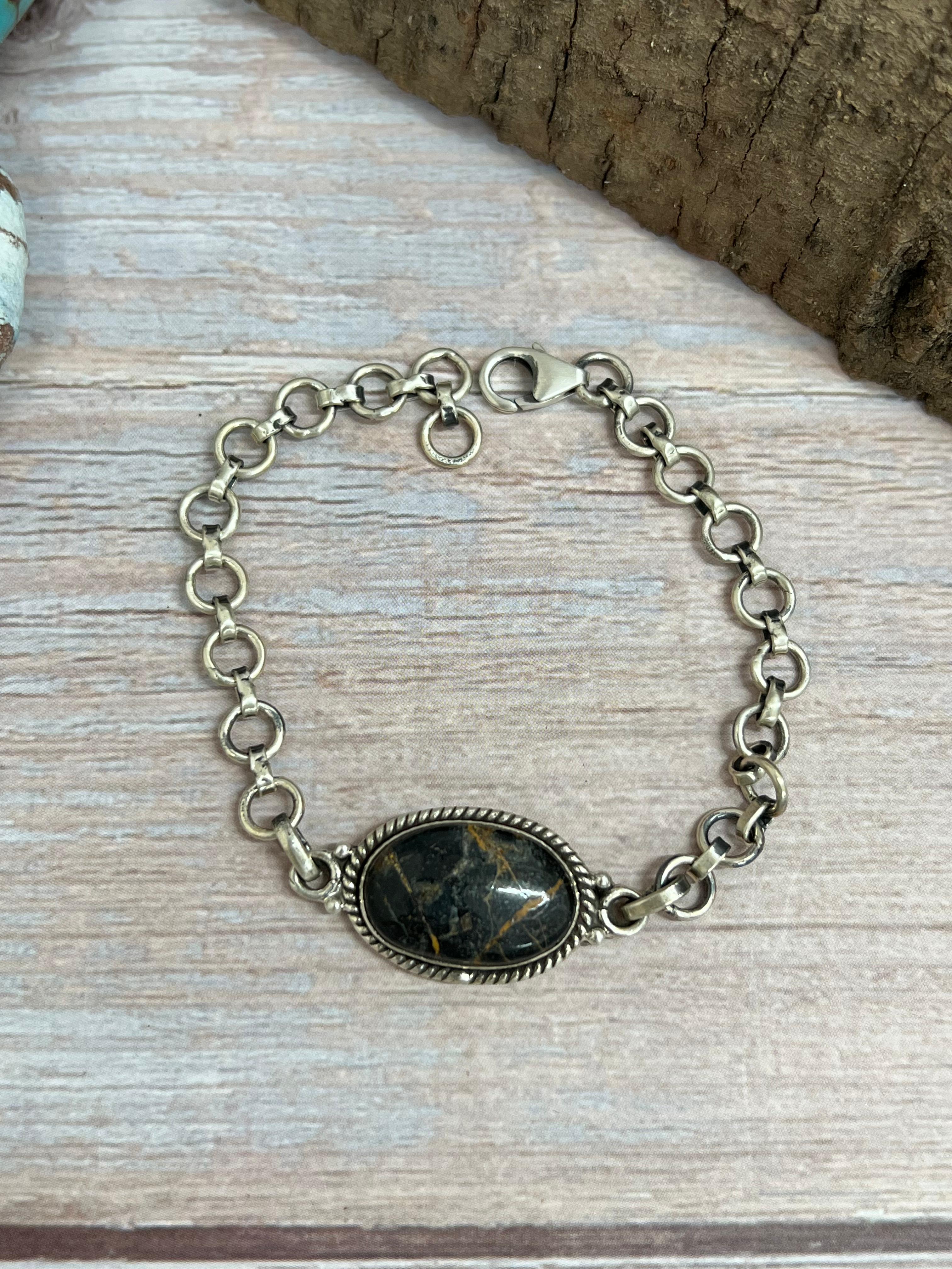 Handmade Sterling Silver Black Jack Chain Bracelet with Signed Nizhoni