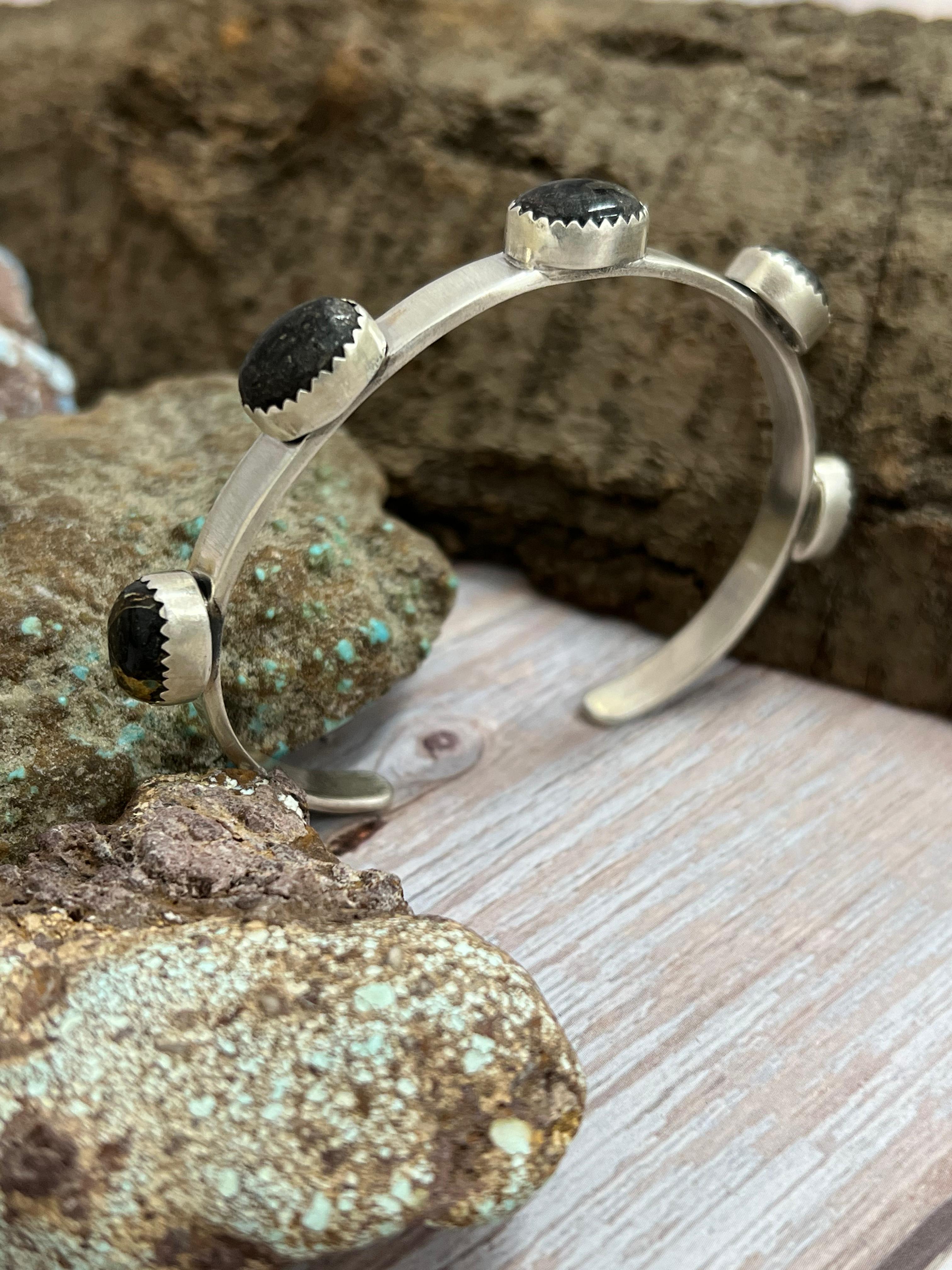 Handmade Sterling Silver Black Jack Cuff Bracelet with Signed Nizhoni