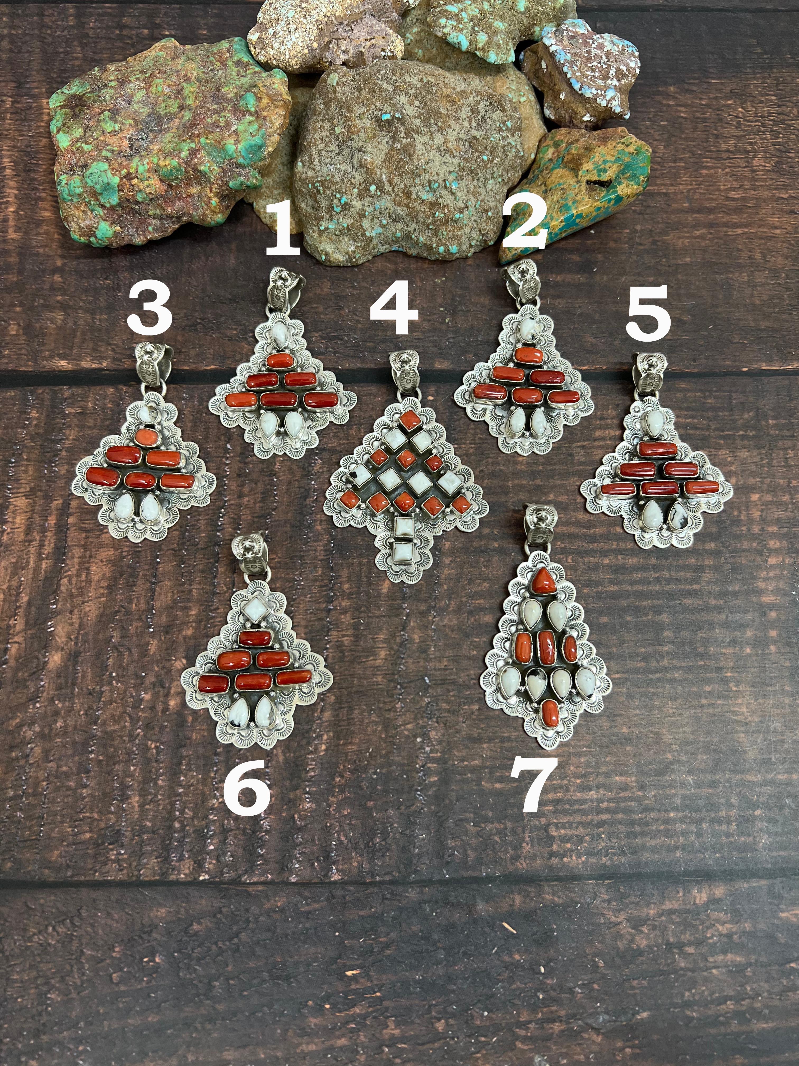 Handmade Sterling Silver Coral with White Buffalo Turquoise Pendant, Signed Nizhoni