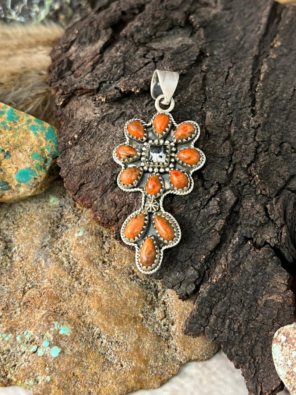 Handmade Sterling Silver Orange Mojave with White Buffalo Pendant "Signed Nizhoni"