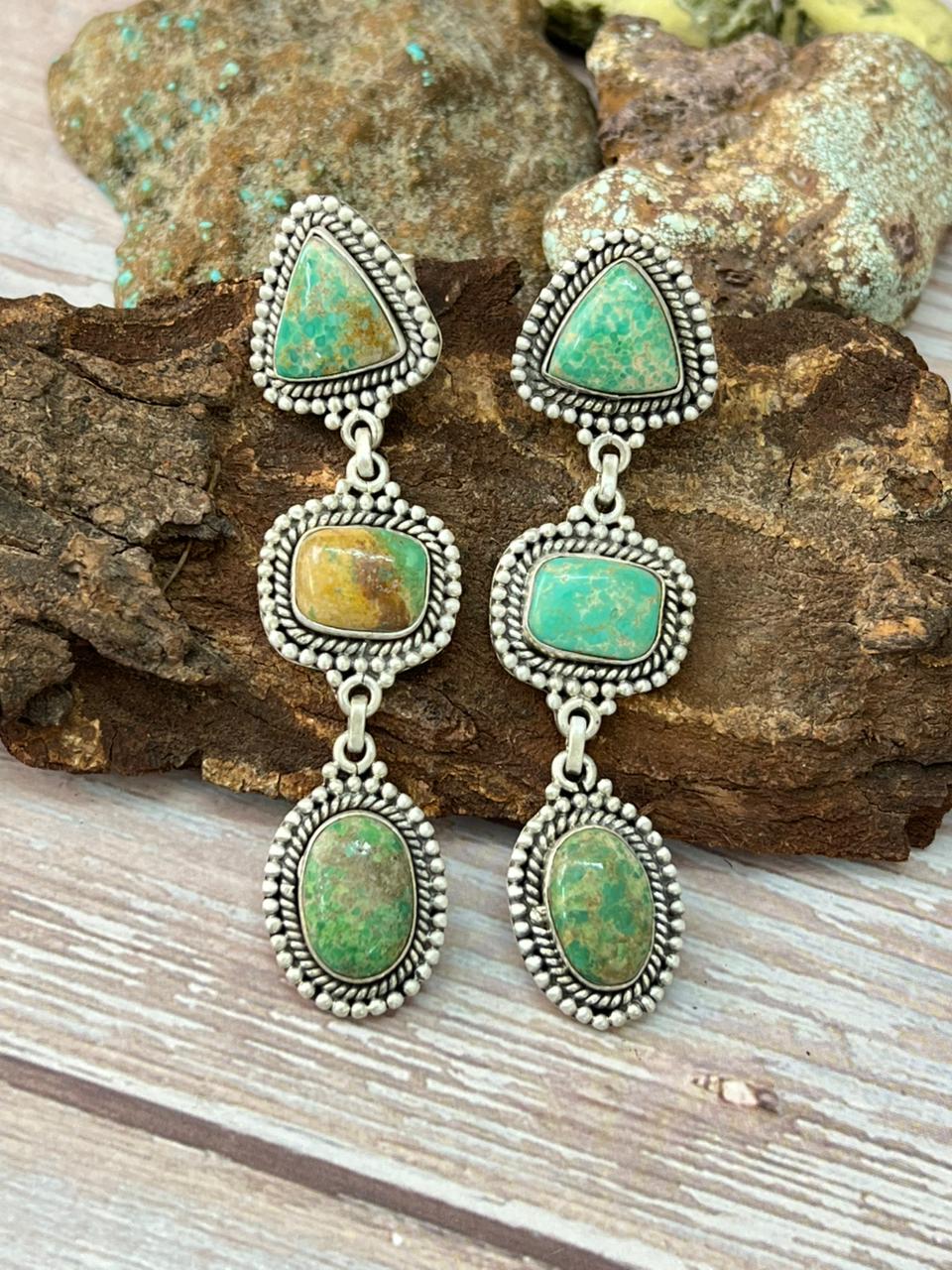 Handmade Sterling Silver Mantis Turquoise Post Dangle Earrings with Signed Nizhoni