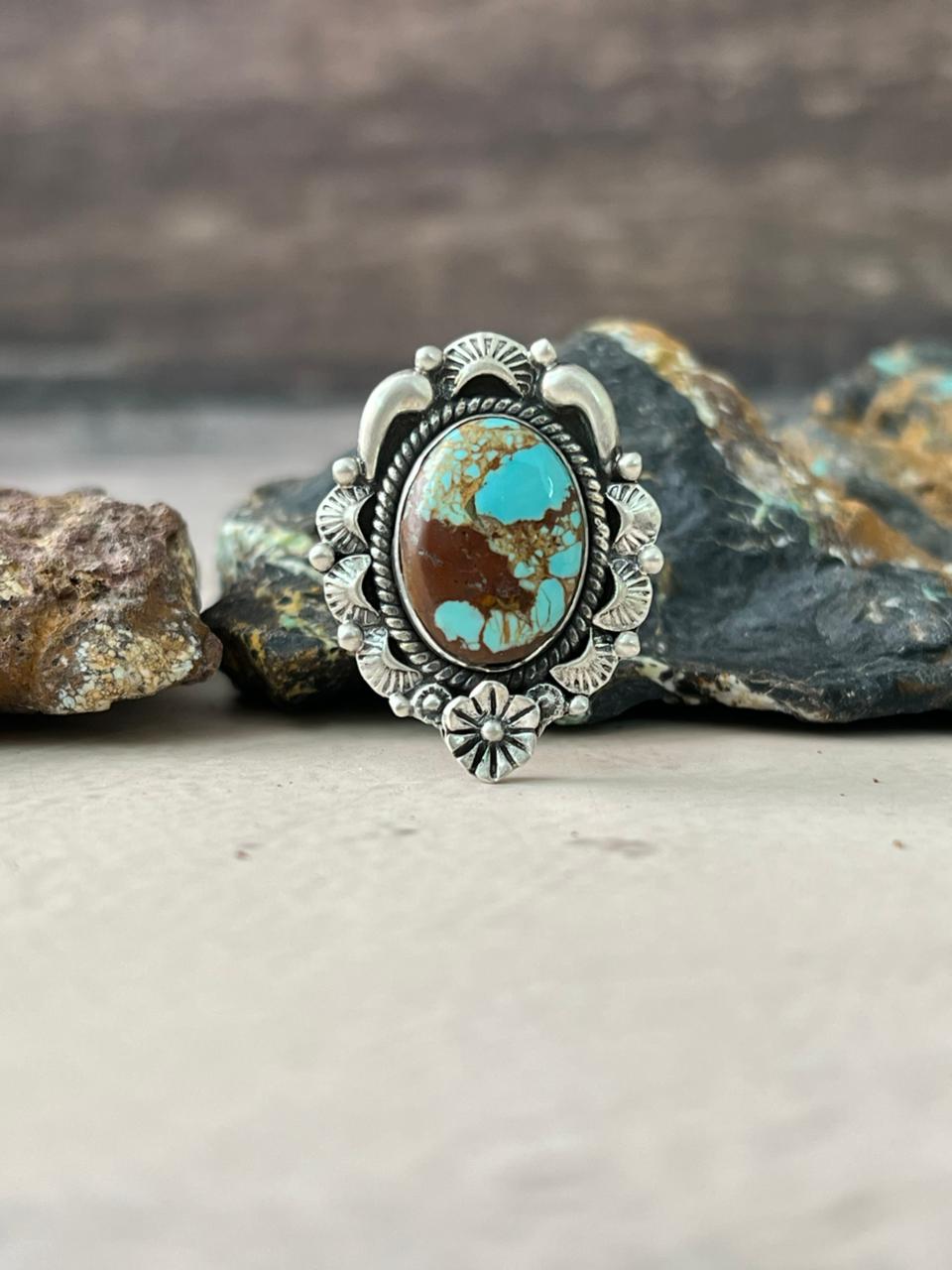Handmade Sterling Silver Number 8 Turquoise Adjustable Ring "Signed Nizhoni"