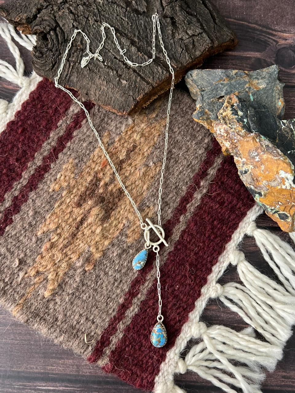 Handmade Sterling Silver Golden Hills Turquoise Lariat Necklace "Signed Nizhoni"