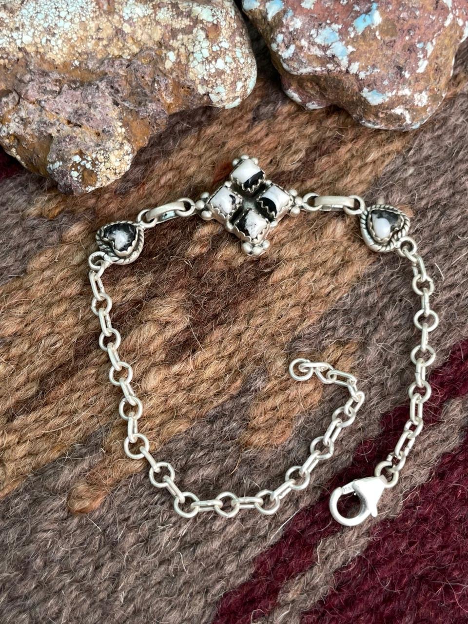 Handmade Sterling Silver White Buffalo Chain Bracelet "Signed Nizhoni"