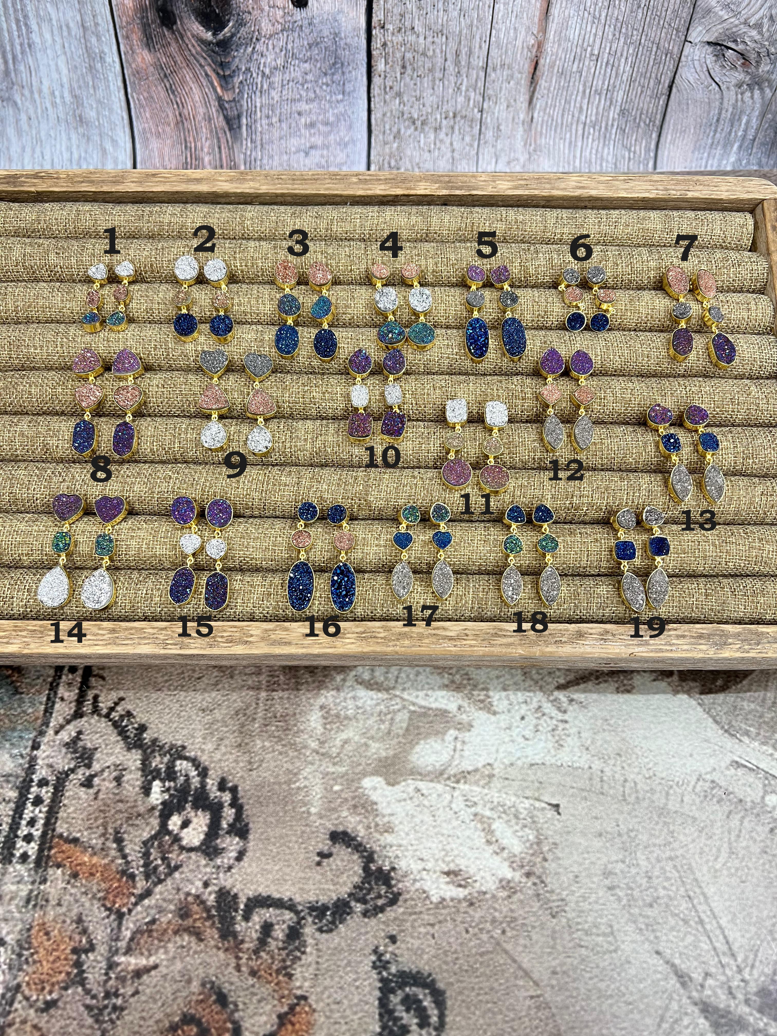 “The Boho Collection” Handmade Natural 3 Stone Druzy Post Dangle Earrings