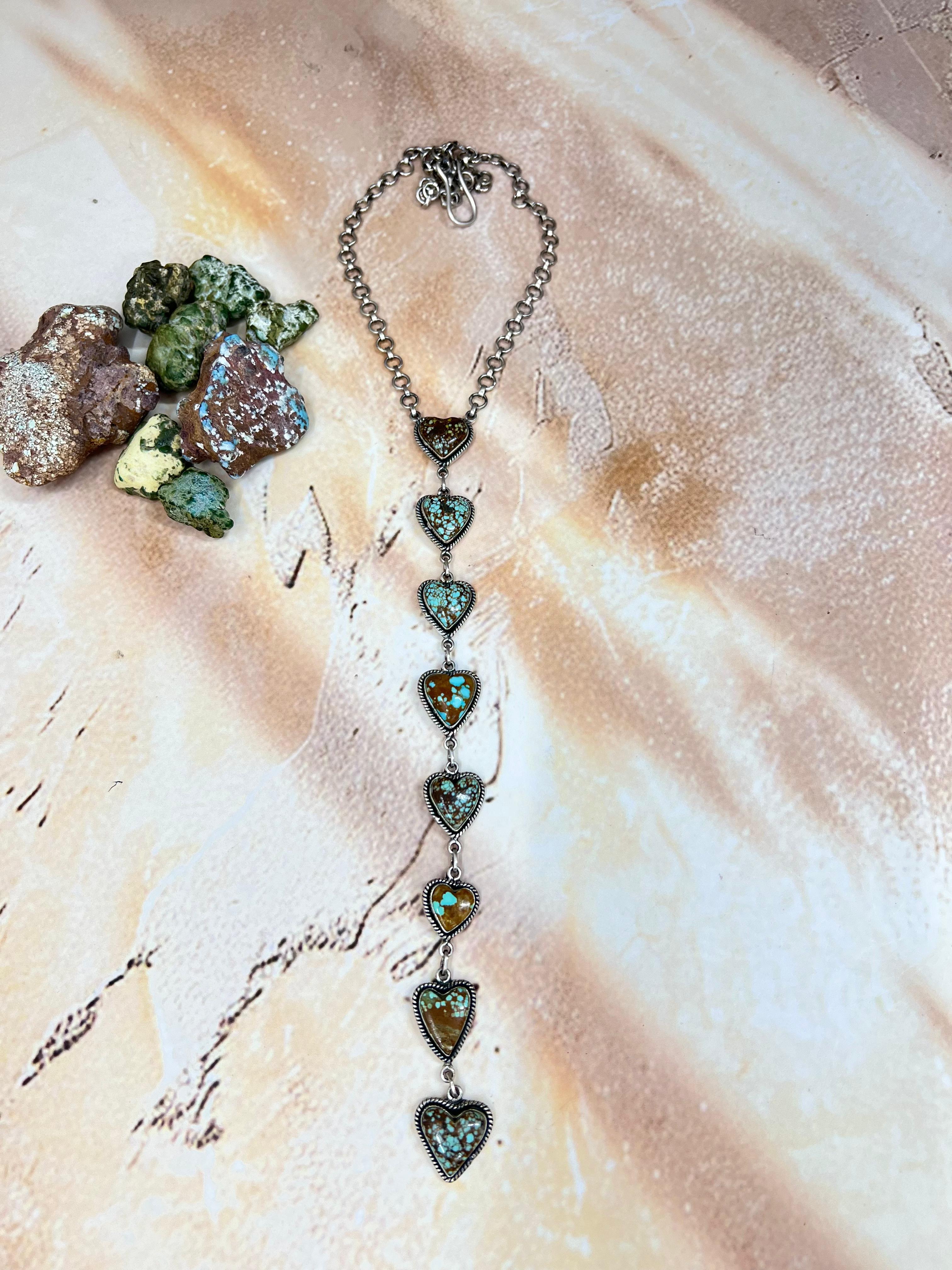 Handmade Sterling Silver Number 8 Turquoise Drop Heart Necklace with Signed Nizhoni