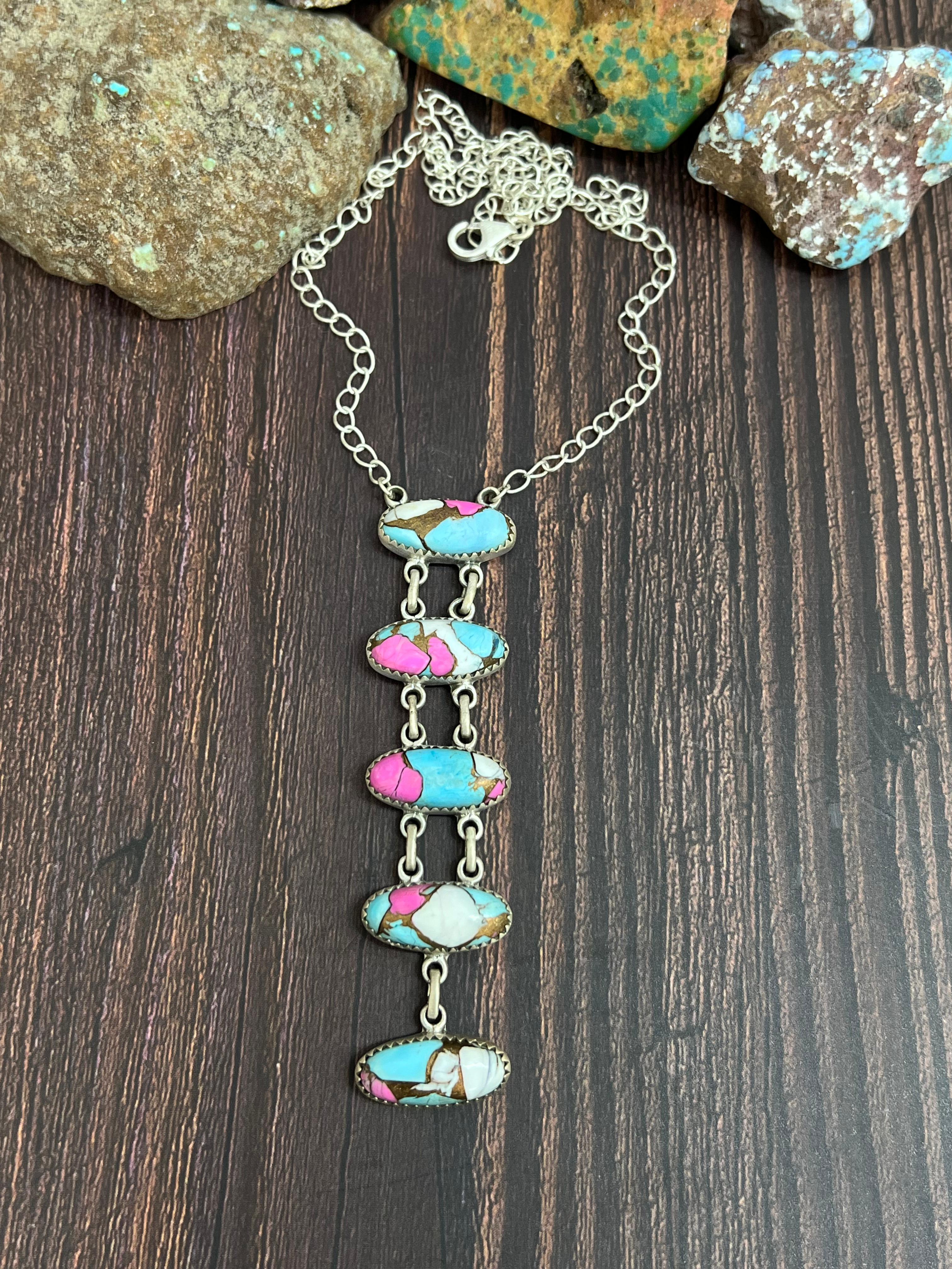 Handmade Sterling Silver Cotton Candy Turquoise Stairs Necklace with Signed Nizhoni (9)