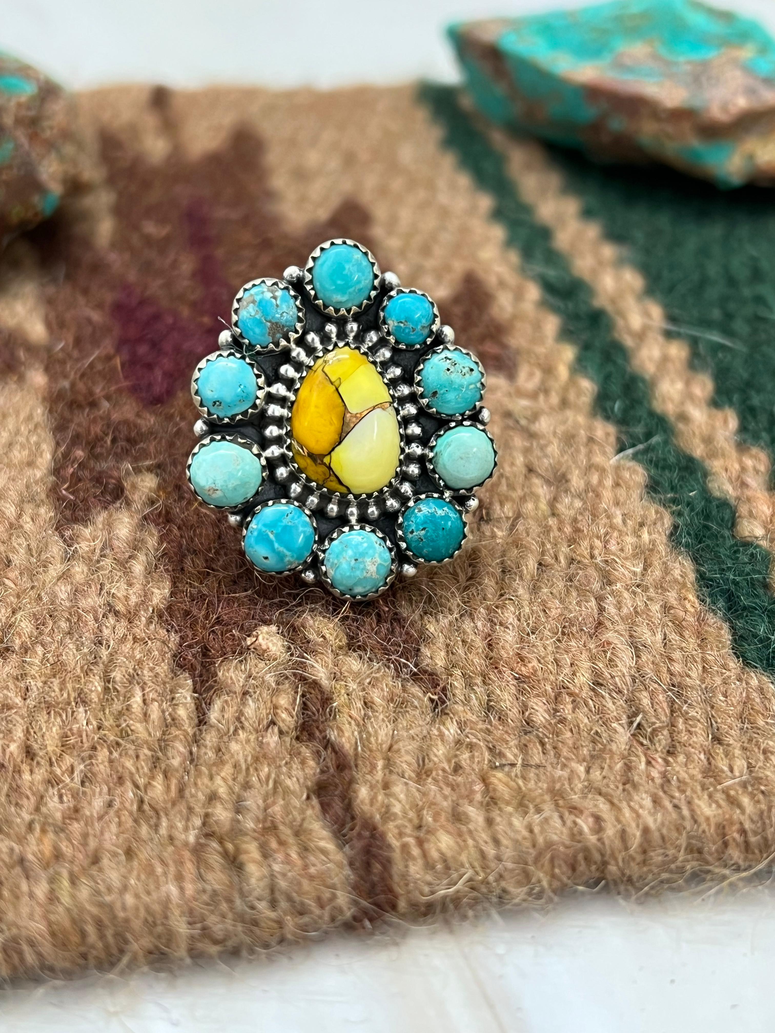 Handmade Sterling Silver White Water with Honey Dahlia Adjustable Ring with Signed Nizhoni