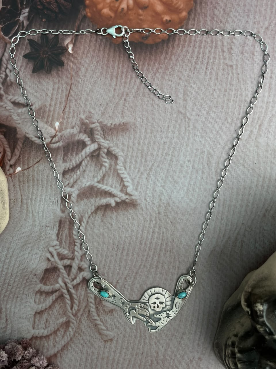 Handmade Sterling Silver Kingman Turquoise Halloween Collection: Necklace Signed Nizhoni
