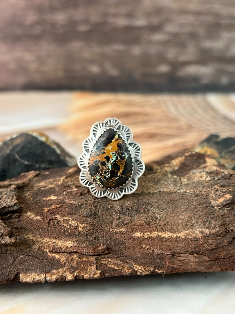 Handmade Sterling Silver Blackjack Turquoise Adjustable Ring Signed Nizhoni