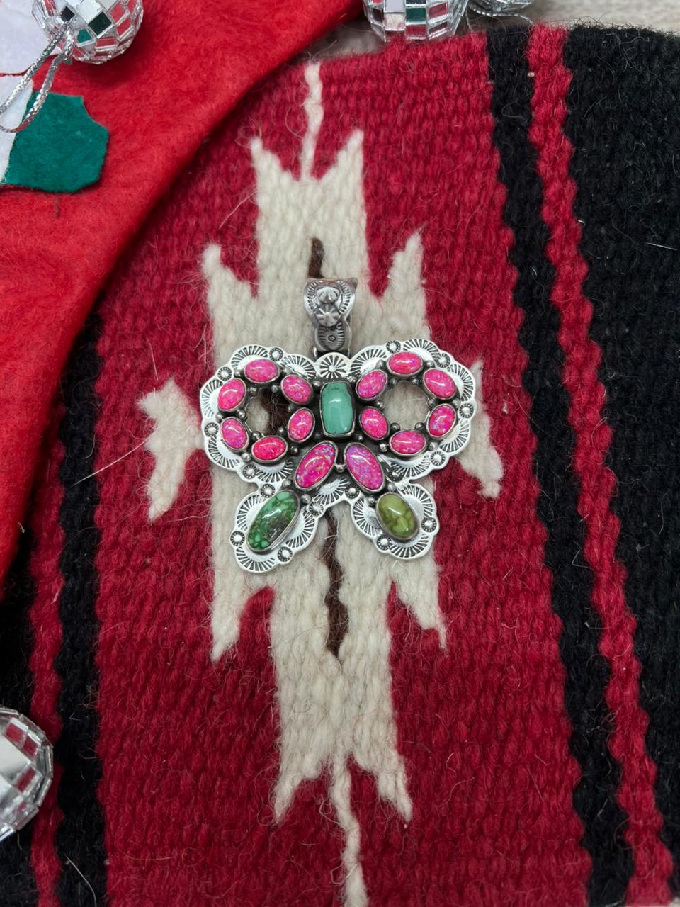 "Christmas Collection" Handmade Sterling Silver Hot Pink with Sonoran Mountain Turquoise Pendant "Signed Nizhoni"