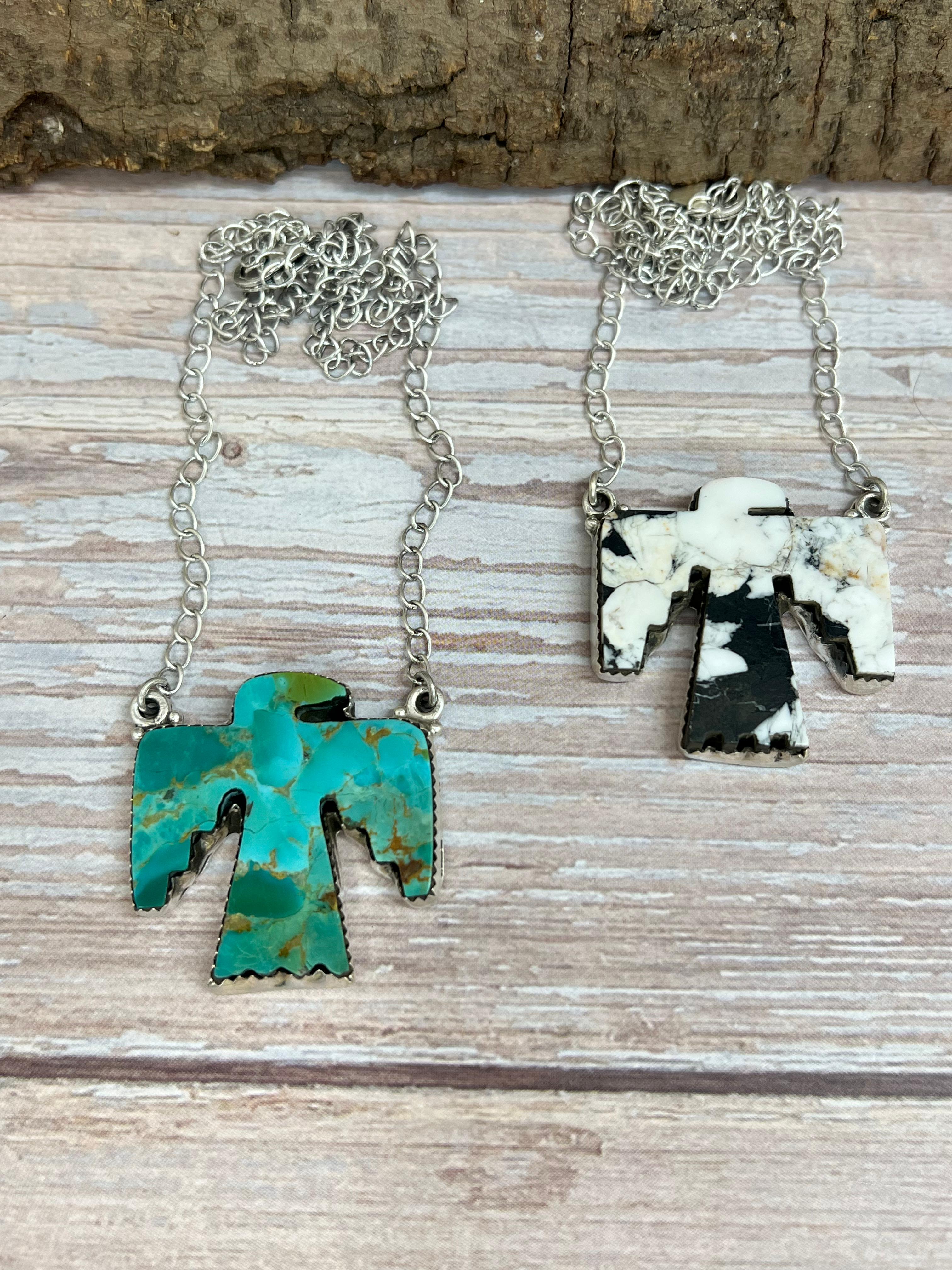 Handmade Sterling Silver White Buffalo, Kingman Turquoise Thunder Bird Necklace, Signed Nizhoni (2)