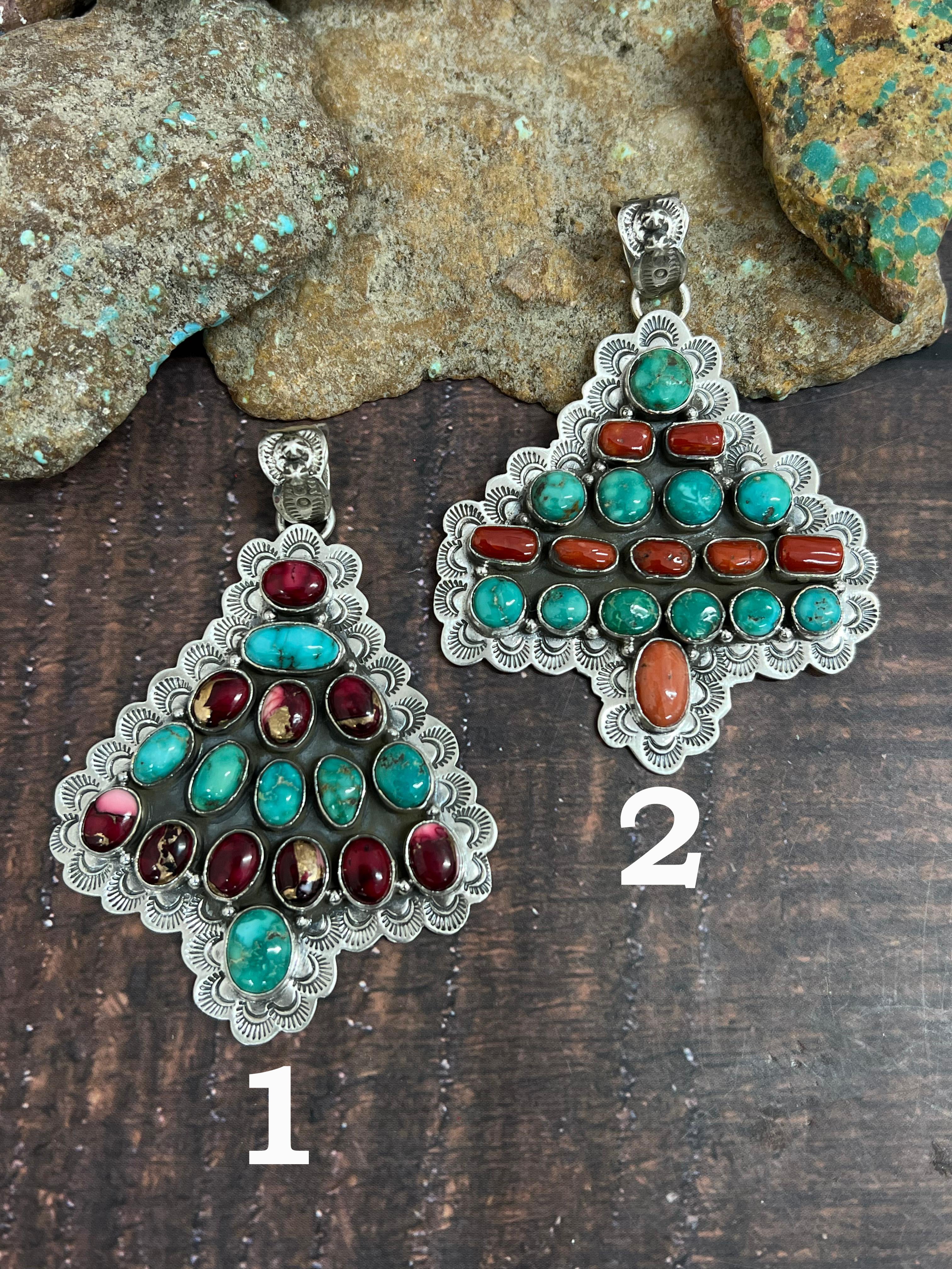 Handmade Sterling Silver Emerald Valley, Coral and Dahlia Rose Pendant, Signed Nizhoni