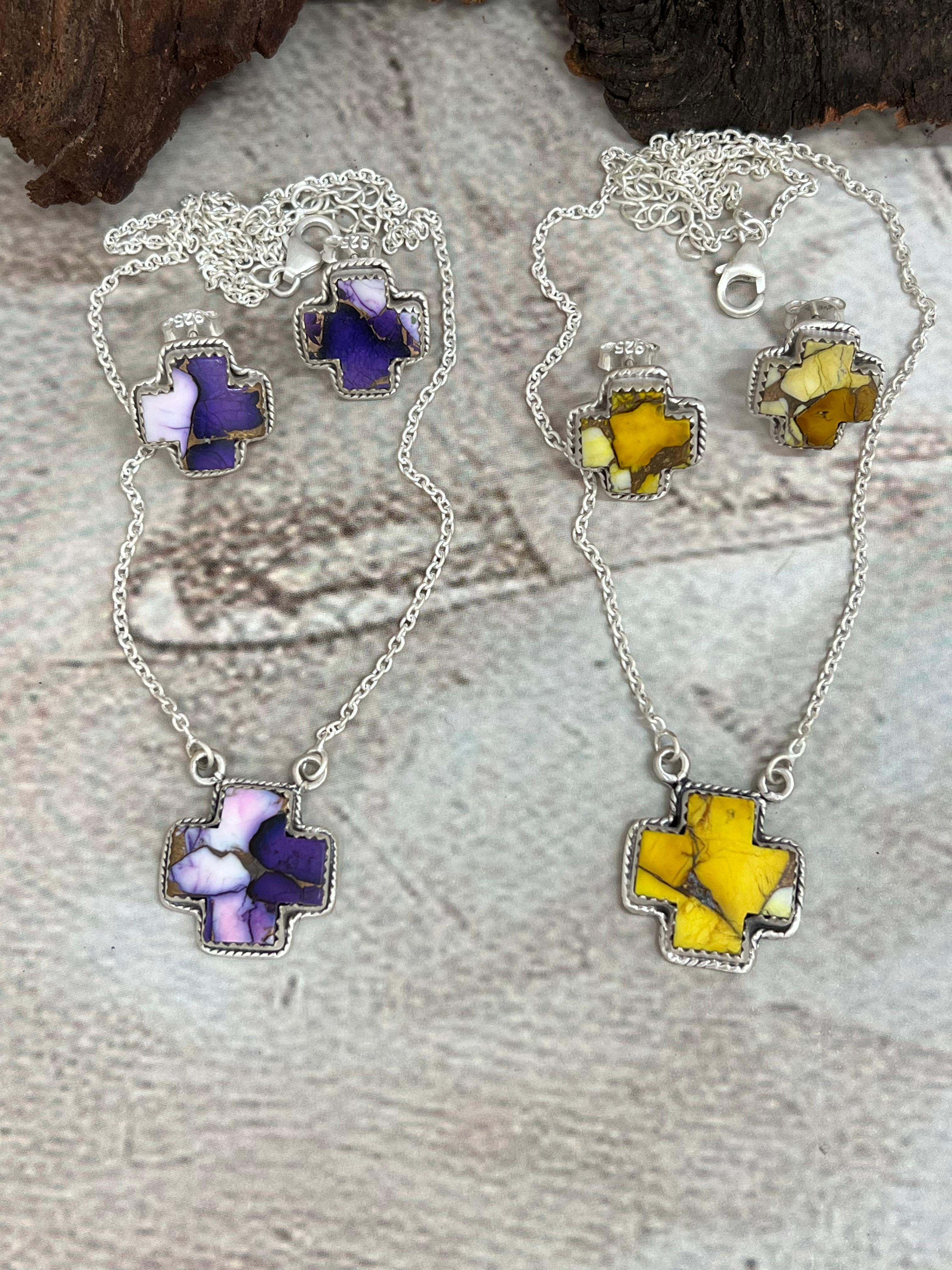 Handmade Sterling Silver Purple Blue Ice Rose Dahlia, Honey Dahlia Necklace Earrings Set, Signed Nizhoni (1)