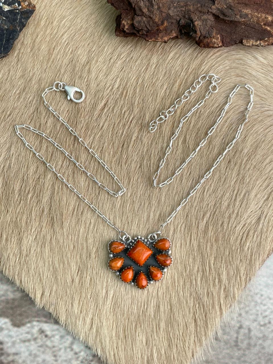 Handmade Sterling Silver Orange Mojave Necklace "Signed Nizhoni"