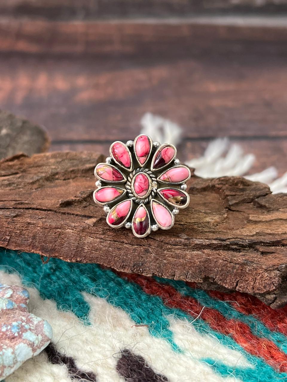 Handmade Sterling Silver Dahlia Rose Adjustable Ring " Signed Nizhoni" (4)